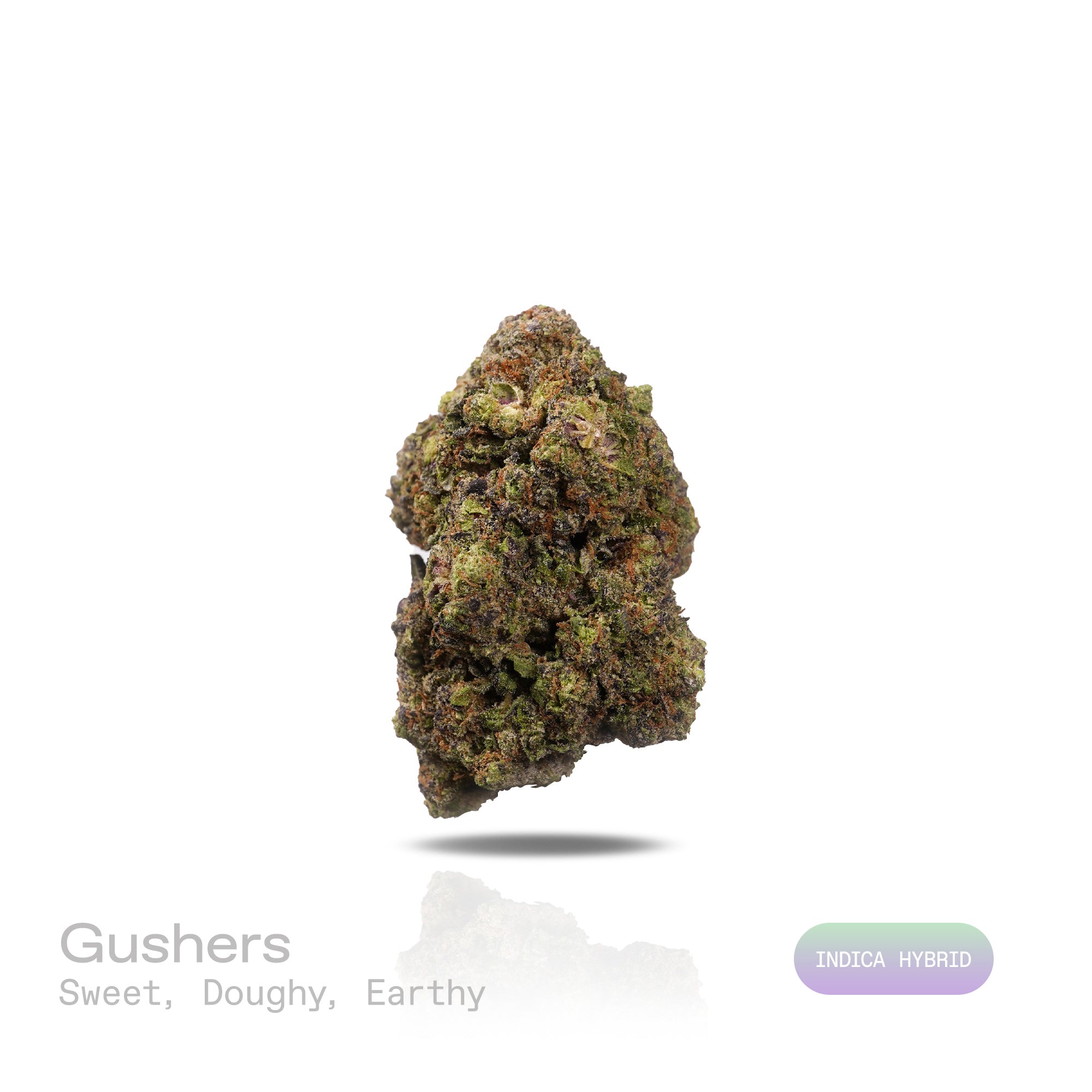 PUFFY Gushers is an indica-dominant hybrid THCa strain, created by crossing Gelato #41 and Triangle Kush. The aroma is a rich blend of sweet, doughy notes layered with a deep earthy undertone. Visually, the buds impress with dense forest-green hues and purple accents, orange pistils and frosty trichomes. Consumers often report a bright, euphoric head rush that gradually melts into a calm, full-bodied relaxation.