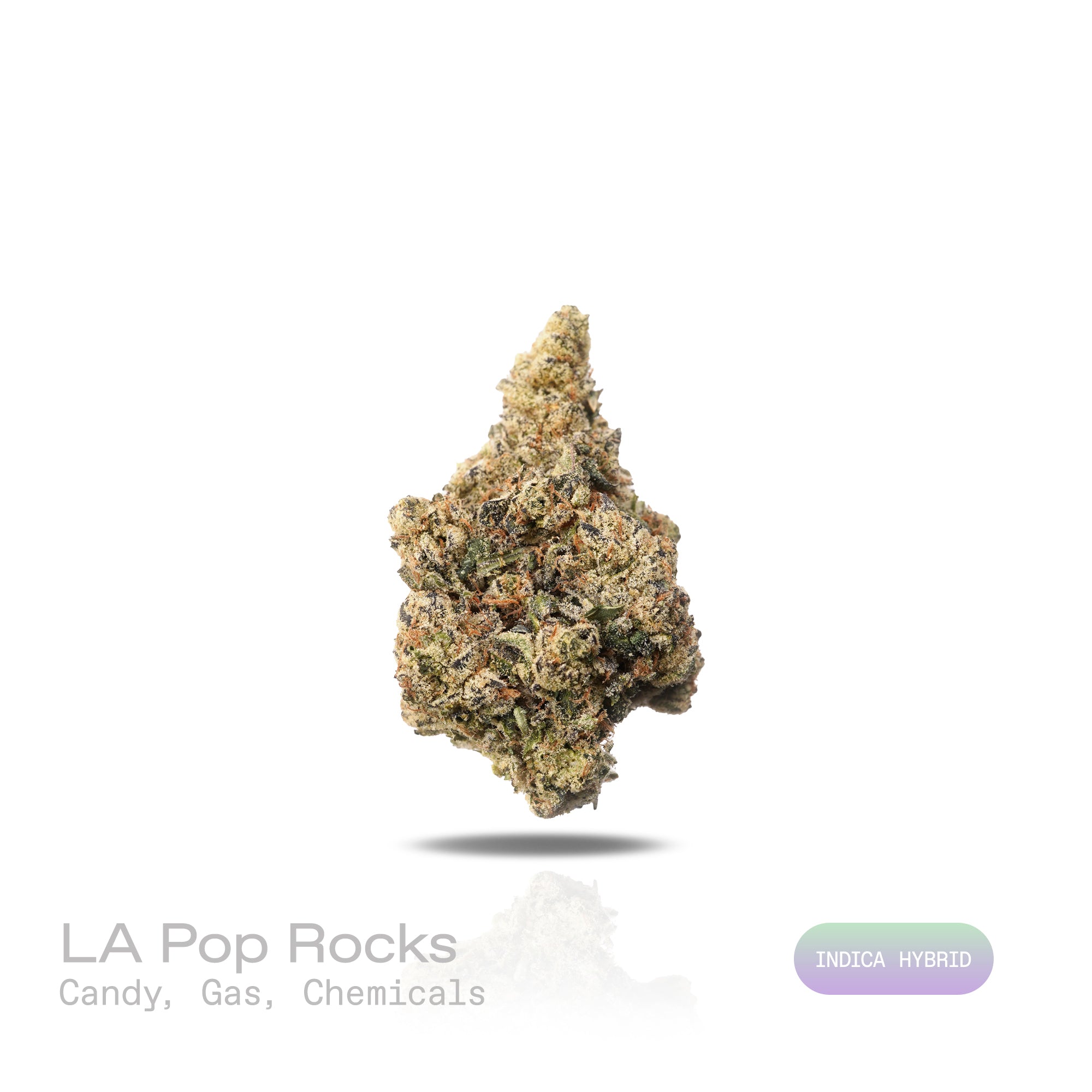 PUFFY LA Pop Rocks is an indica-dominant hybrid THCa strain, created from the potent pairing of Triangle Kush BX2 and Z Animal. The aroma delivers a sweet candy scent intertwined with pungent gas notes and a sharp, chemical undertone. Visually, the buds are long and pepper-shaped with a minty green hue, thick orange pistils, and a generous coating of bright white crystal trichomes. Consumers often report an initial energizing cerebral uplift that boosts mood and sparks creativity, followed by a smooth trans