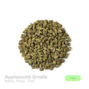 PUFFY Applescotti (smalls) is a balanced hybrid THCa strain, born from the flavorful cross between  Apples & Bananas and Biscotti. The aroma is a crisp and invigorating mix of fresh apple, piney freshness, and rich fuel-like undertones. The buds are dense and vibrant, showcasing lush green and deep purple hues, accented by bright orange pistils and a generous coating of sparkling trichomes. Consumers often report a balanced high that begins with uplifting, clear-headed mental effects, enhancing focus, mood,