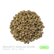 PUFFY Biscotti X Jealousy (smalls) is a balanced hybrid THCa strain, it’s a direct cross between Biscotti and Jealousy. The aroma is a captivating blend of freshly baked cookies, sweet berries, and a warm, nutty undertone that creates an irresistibly rich and comforting scent. Visually, the buds are dense and dark green with striking purple accents, adorned with vibrant orange pistils and coated in a sparkling layer of frosty trichomes. Consumers often report a balanced high, with an uplifting cerebral buzz