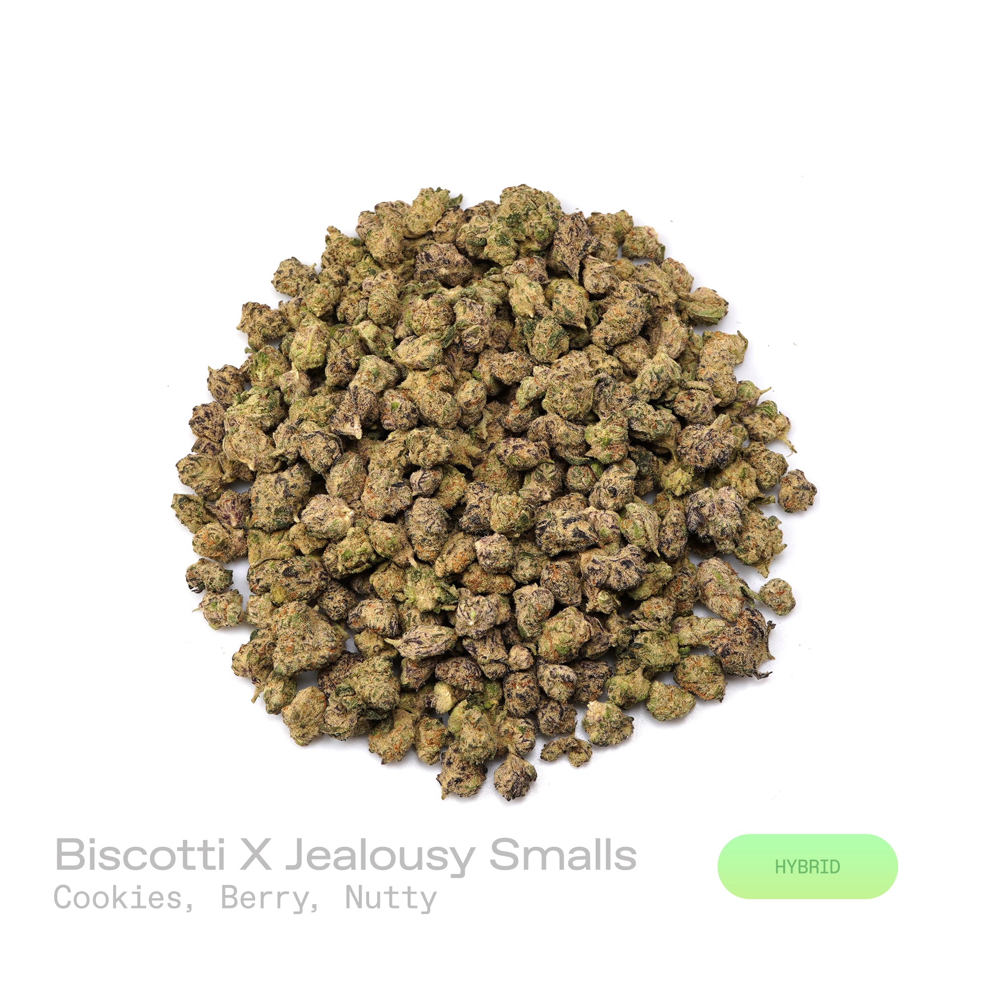 PUFFY Biscotti X Jealousy (smalls) is a balanced hybrid THCa strain, it’s a direct cross between Biscotti and Jealousy. The aroma is a captivating blend of freshly baked cookies, sweet berries, and a warm, nutty undertone that creates an irresistibly rich and comforting scent. Visually, the buds are dense and dark green with striking purple accents, adorned with vibrant orange pistils and coated in a sparkling layer of frosty trichomes. Consumers often report a balanced high, with an uplifting cerebral buzz