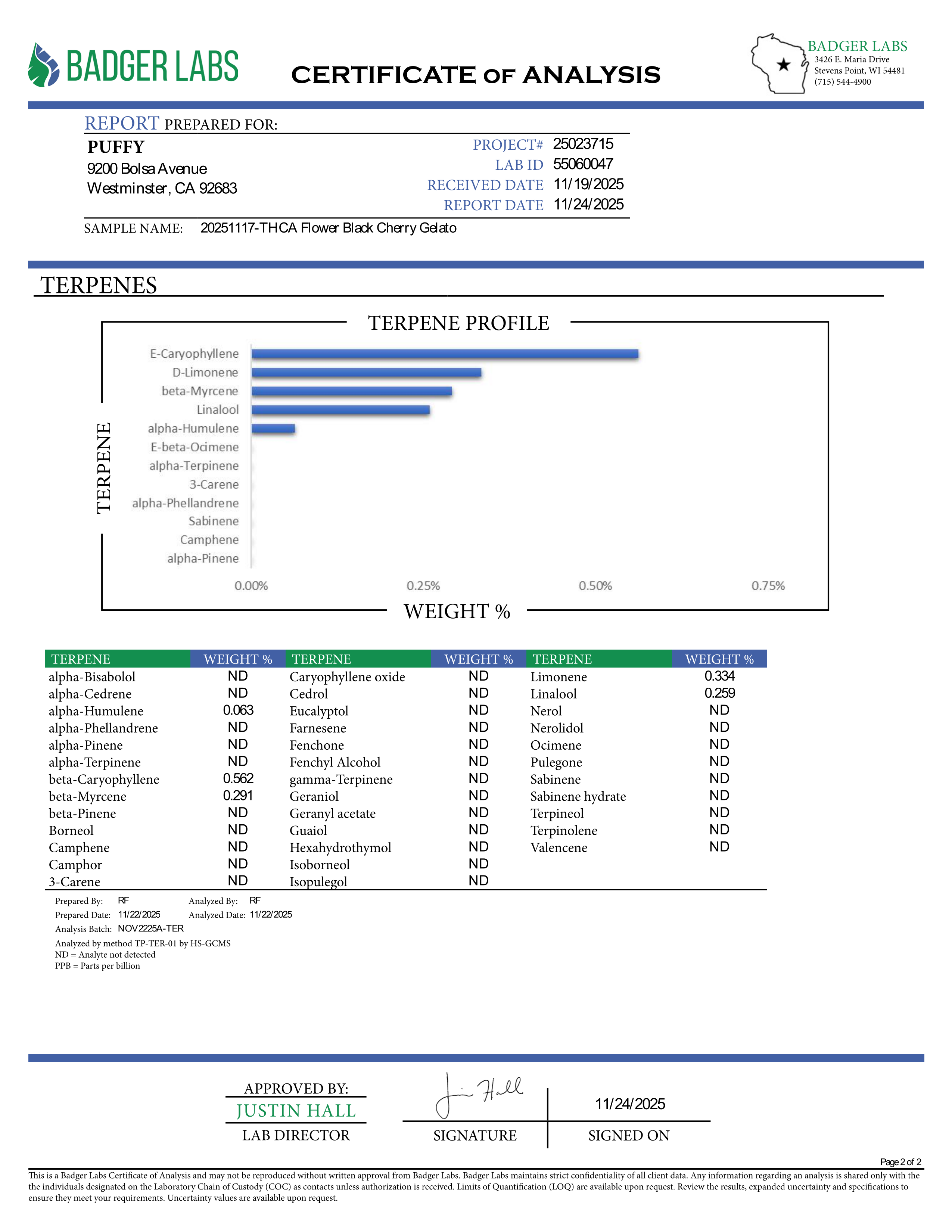 PUFFY Black Cherry Gelato is an indica-dominant hybrid THCa strain, crafted from the legendary lineage of Black Cherry Funk and Acai (Gelato). The aroma opens with sweet, ripe cherry notes, layered with fresh herbal nuances and a grounding earthy undertone. Visually, the buds are compact and resinous, showcasing rich forest-green tones with occasional purple accents, bright orange pistils, and a sparkling layer of trichomes. Consumers often report an uplifting, euphoric, and focused cerebral high that gradu