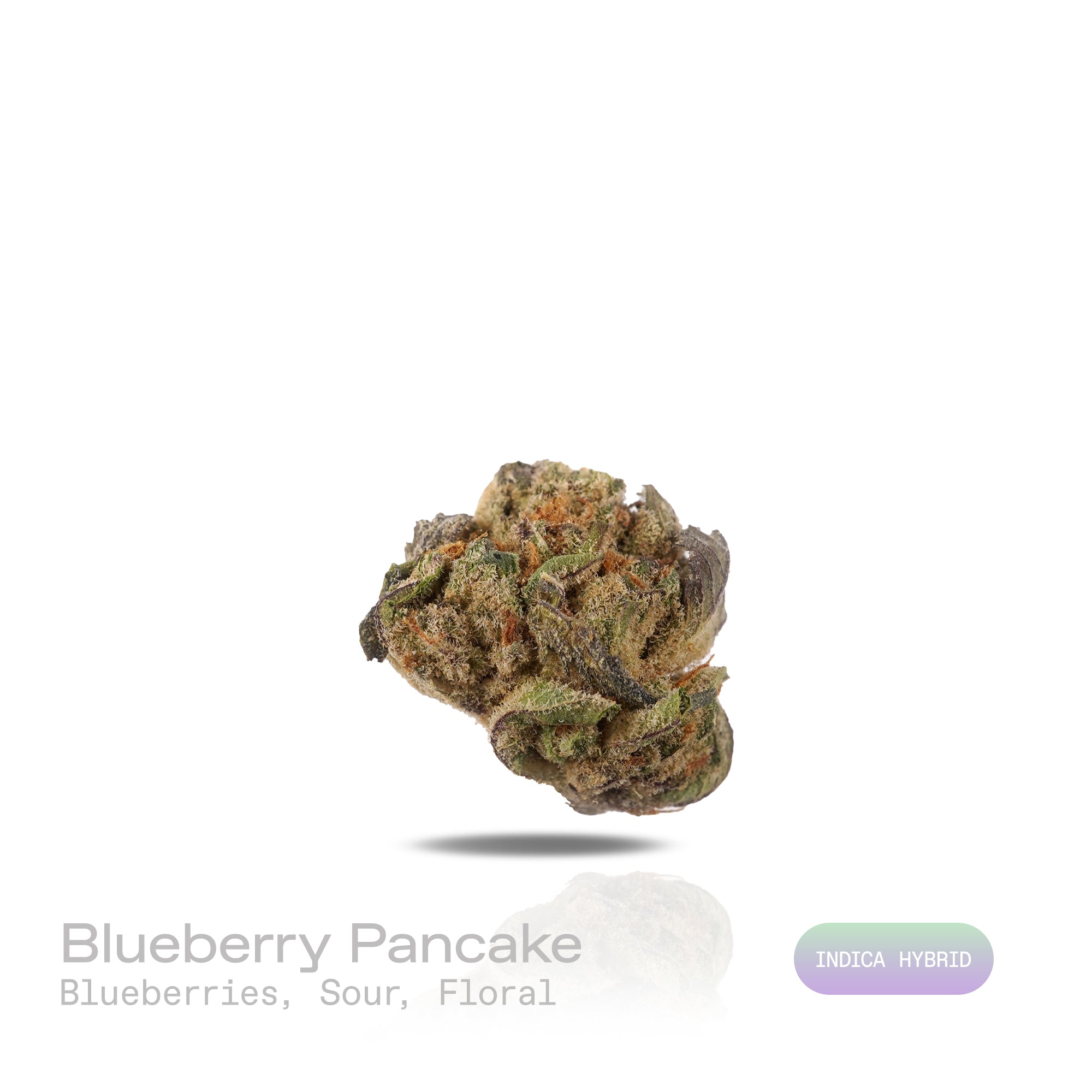 PUFFY Blueberry Pancake is an indica-dominant hybrid born from the cross of DJ Short Blueberry and either Purple Panty Dropper or a hybrid with Slurricane. The aroma carries a burst of ripe blueberries layered with sour notes and a delicate floral finish. Visually, the buds are dense and heavily coated in trichomes, displaying a vibrant mix of deep green, blue-purple, and olive tones, accented by bright orange pistils and a thick layer of visible resin. Consumers often report a soothing cerebral uplift that