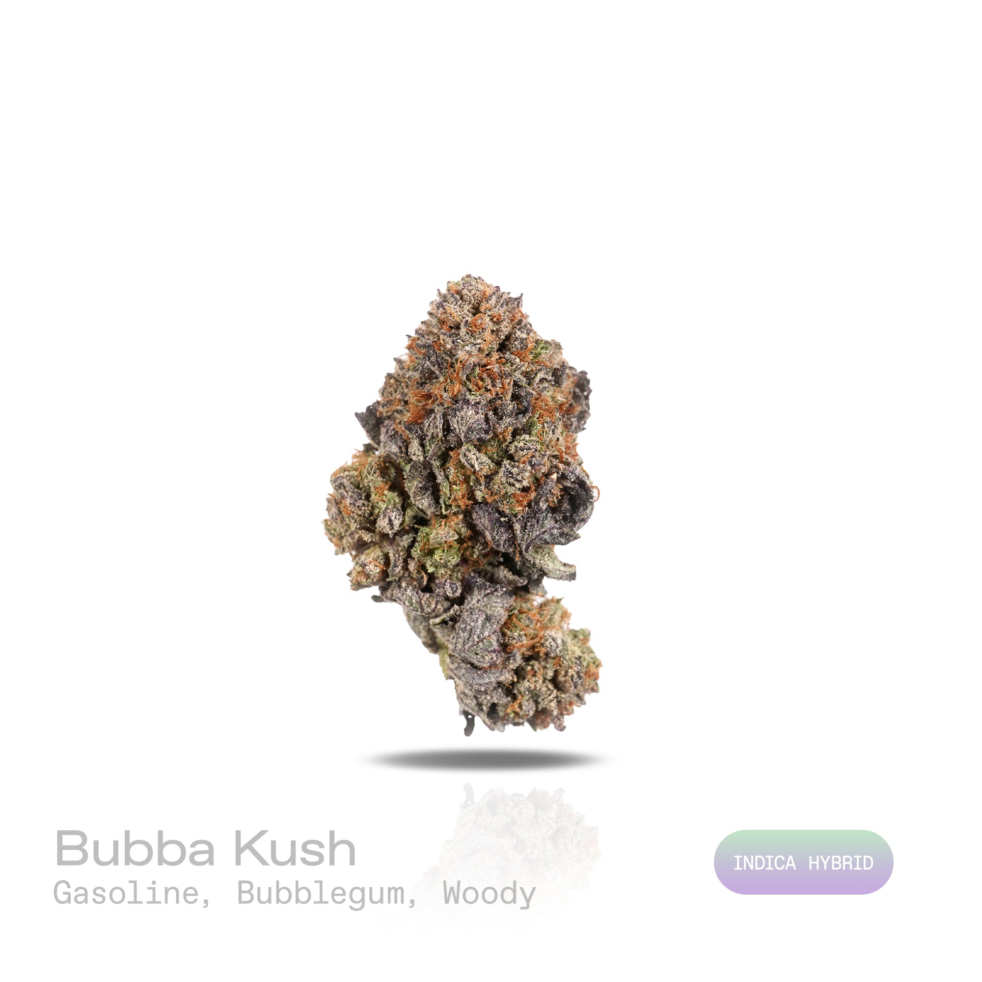 PUFFY Bubba Kush is an indica-dominant hybrid THCa strain, crafted from the legendary lineage of OG Kush × Afghani Indica. The aroma is a captivating blend of sharp gasoline, sweet bubblegum, and earthy woody notes, creating a strikingly bold yet playful scent profile. Visually striking, the buds are dense and resin-packed, shimmering with frosty trichomes over deep green and purple hues accented by bright orange hairs. Consumers often describe the effects as a wave of full-body relaxation that eases stress