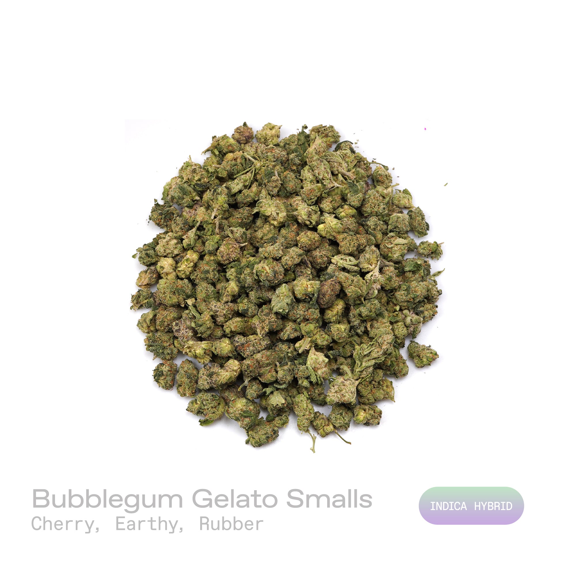 PUFFY Bubblegum Gelato (smalls) is an indica-dominant hybrid THCa strain, was crafted by crossing the flavorful Gelato #45 with the classic Indiana Bubblegum. The aroma is a bold fusion of sweet cherry layered with earthy undertones and a subtle hint of rubber, creating a uniquely rich and intriguing scent profile. Visually, the buds are dense and compact, showcasing deep forest-green hues accented by long, fiery orange pistils and a generous coating of glistening trichomes. Consumers often report an uplift