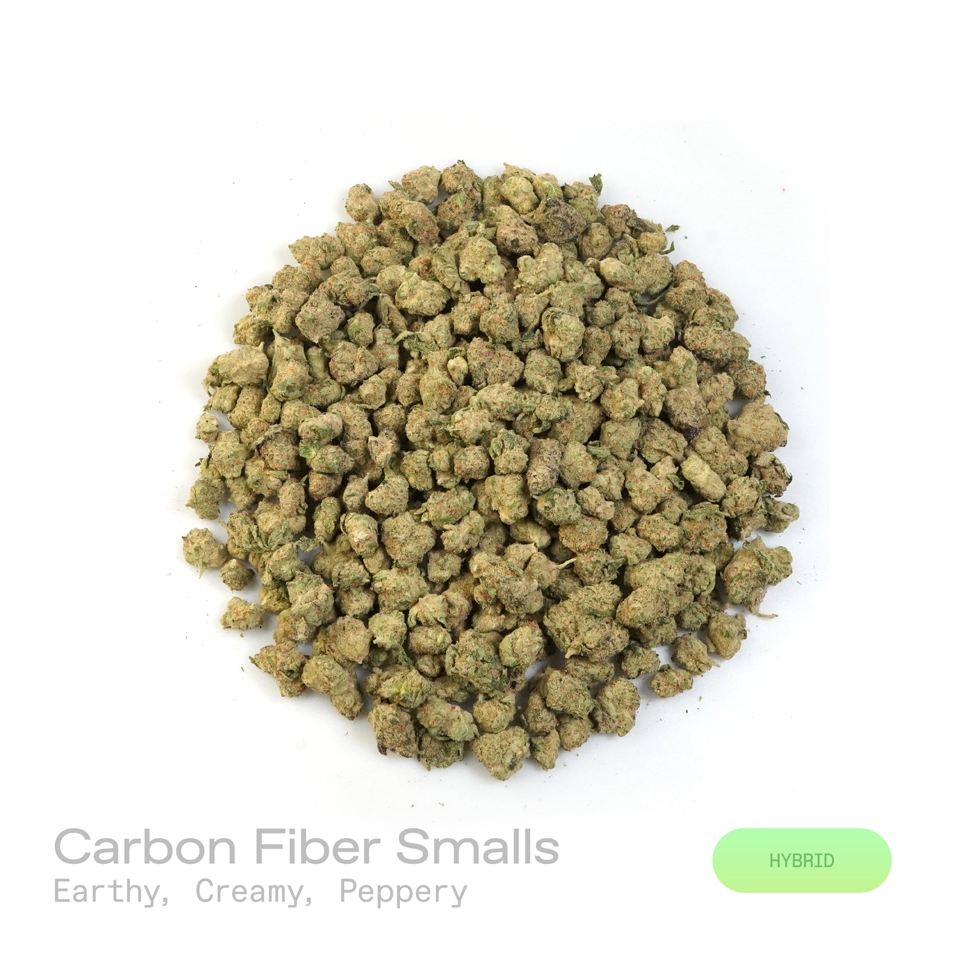 PUFFY Carbon Fiber (smalls) is a balanced hybrid THCa strain, created from a potent blend of Grape Pie, Biscotti, and Cookies & Cream. The aroma unfolds with a rich earthy base, complemented by smooth, creamy notes and a subtle, spicy hint of pepper. Visually, the buds are dense and striking, featuring deep green and purple hues, coated in frosty trichomes and accented with bright orange pistils. Consumers often describe the smoke as creamy and smooth, with a powerful high that feels giggly, tingly, and men