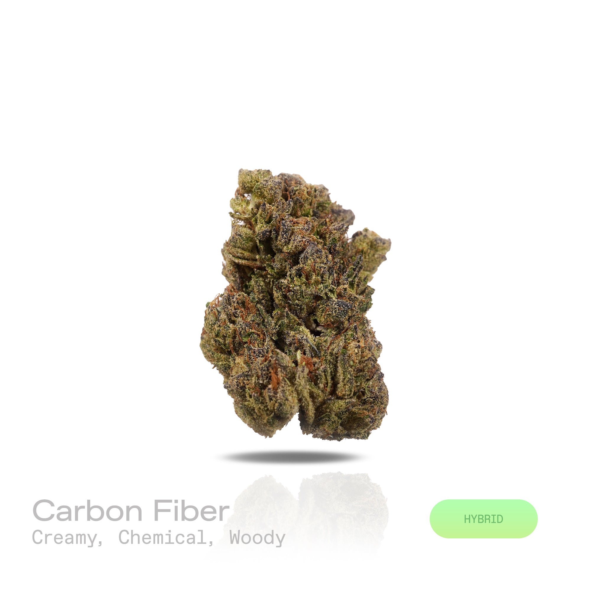 PUFFY Carbon Fiber is a balanced hybrid THCa strain, created from a potent blend of Grape Pie, Biscotti, and Cookies &amp; Cream. The aroma blends creamy sweetness with sharp chemical tones and a grounding woody finish, resulting in a bold and complex scent profile. Visually, the buds are dense and striking, featuring deep green and purple hues, coated in frosty trichomes and accented with bright orange pistils. Consumers often describe the smoke as creamy and smooth, with a powerful high that feels giggly, tin