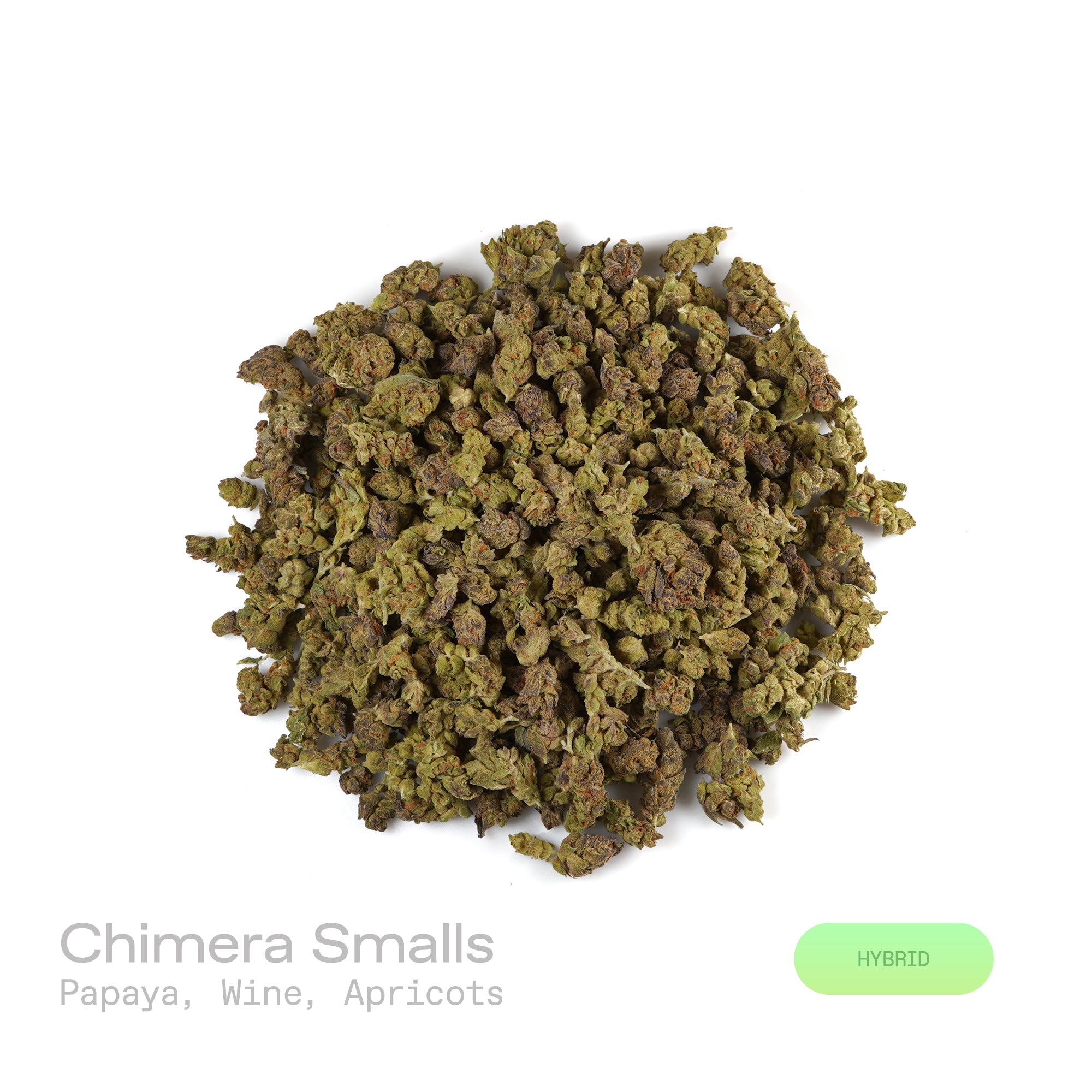 PUFFY Chimera Smalls is a well-balanced hybrid strain born from the legendary cross between White Widow and Blueberry lineages. The aroma is a lush blend of ripe papaya, sweet apricots, and a rich, wine-like depth that adds a sophisticated finish. Visually, the buds are dense and heart-shaped, showcasing dark olive green hues with bright undertones, thin orange hairs, and a sparkling coat of golden-white trichomes. Consumers often report an uplifting cerebral buzz that sparks creativity and euphoria, follow