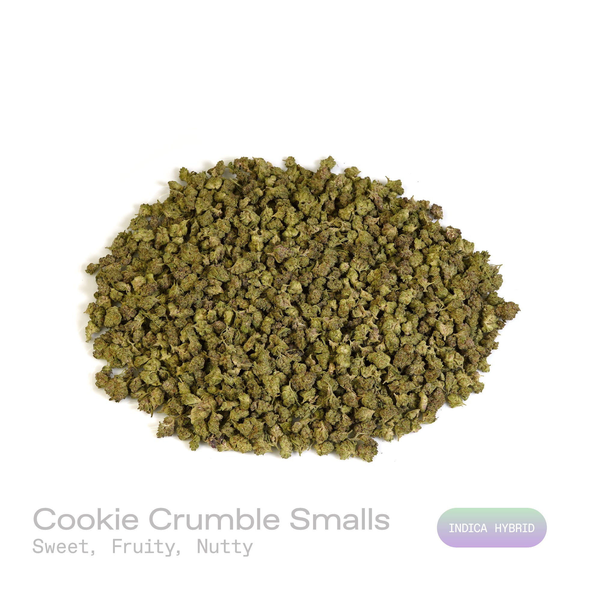 PUFFY Cookie Crumble Smalls is an indica-dominant hybrid THCa strain, expertly crafted from a flavorful cross between Cherry Pie and Girl Scout Cookies. The aroma is richly sweet and fruity, layered with creamy, nutty undertones that evoke the scent of freshly baked cookies with a hint of berry. Visually, the buds are dense and chunky with emerald and purple hues, bright orange pistils, and a frosty trichome coating that gives a sugary, cookie-like appearance. Consumers frequently describe an initial wave o