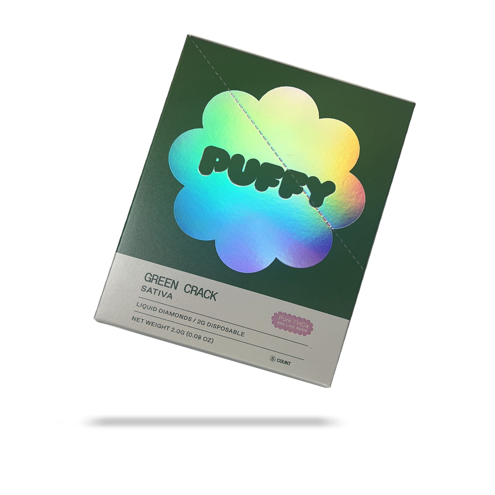 PUFFY Green Crack Pure Live Resin THCa Disposable. Pure and potent, our line of 65A Live Resin THCa disposable are pure extracts from single-sourced flowers for a top-shelf experience. Each disposable contains approximately 65% THCa 35% high terpene extract and full spectrum cannabinoids. Each batch is hand-selected for the best fresh-frozen material rich in flavinoids, terpenes, and THCa. We use a ceramic coil to create a richer flavor.