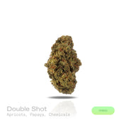 PUFFY Double Shot is a balanced hybrid THCa strain, born from the potent cross between London Pound Mintz and Jealousy. The aroma carries a bold mix of sweet apricot and tropical papaya layered with sharp, chemical undertones. Visually, the buds display deep green tones with hints of purple, bright orange hairs, and a frosty trichome coating. Consumers often report experiencing an uplifting head high that eases into deep physical relaxation and restful sleep.
