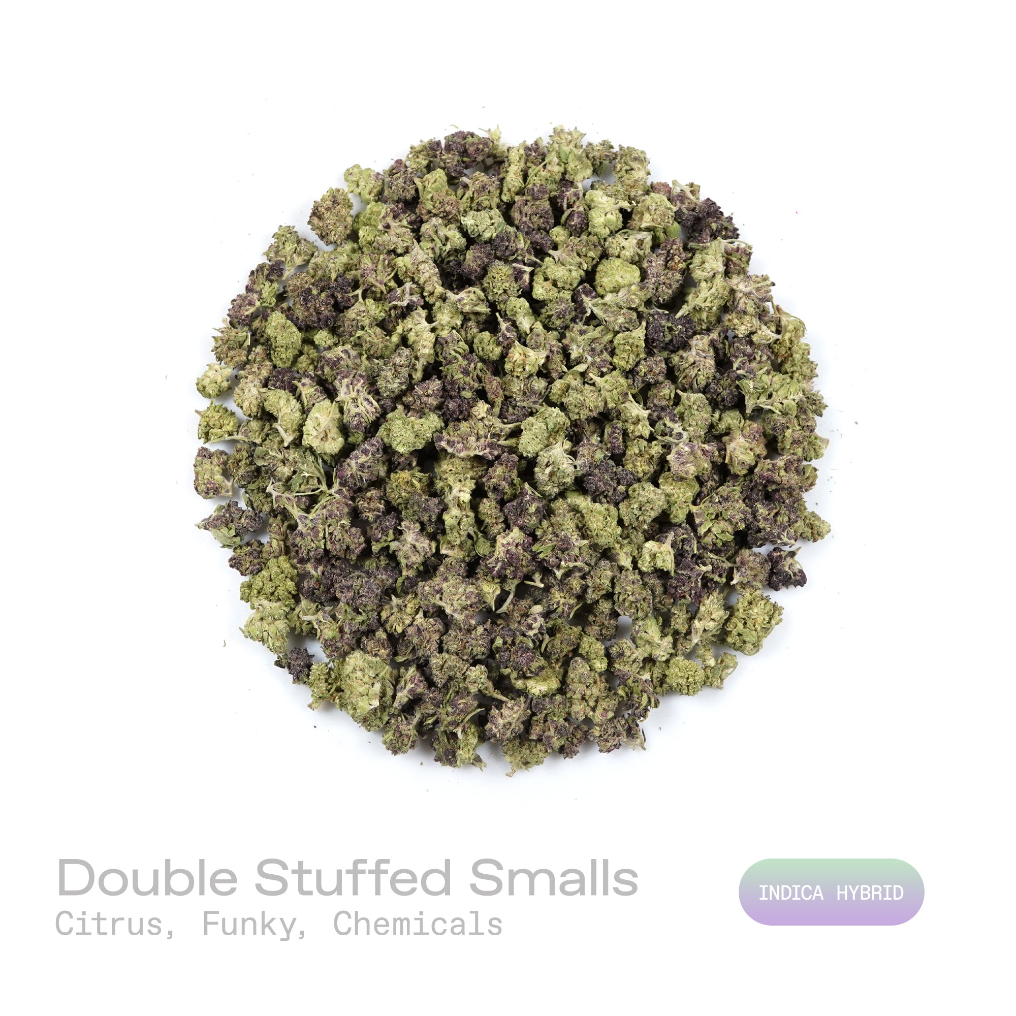 PUFFY Double Stuffed (smalls) is an indica-dominant  hybrid THCa strain, born from the unique pairing of Platinum White and Cookies and Cream. The aroma is a vibrant blend of citrus, funky undertones, and subtle chemical notes, creating a distinctive and memorable scent profile. Visually, dense green buds with hints of purple, bright orange pistils, and a thick coating of sparkling trichomes. Consumers often report a euphoric, uplifting head high that settles into calming physical relaxation, resulting in a