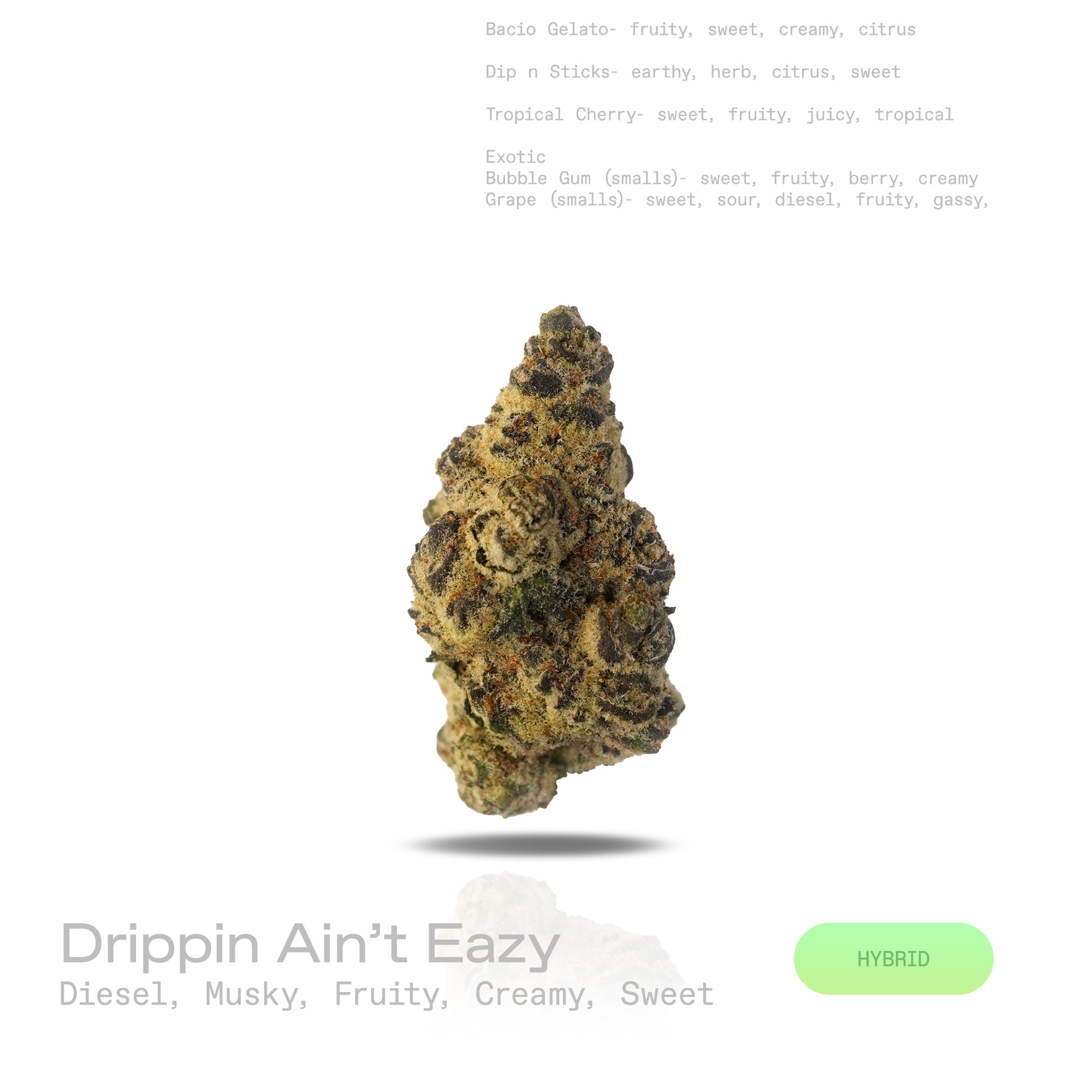 PUFFY Drippin Ain’t Eazy is a hybrid THCa strain, a lively and flavorful cross between Drip Station and Gary Poppins. A rich and complex aroma featuring bold diesel notes, layered with musky undertones, complemented by hints of ripe fruitiness, creamy smoothness, and a subtle, lingering sweetness. Visually, dense buds glisten with frosty trichomes, showcasing deep purple and pale green hues. Consumers often describe it as delivering a balanced experience that soothes and relaxes while stimulating creativity