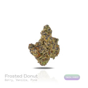 PUFFY Frosted Donut is an indica-dominant  hybrid THCa strain, expertly crafted from a potent cross between Girl Scout Cookies and Louis XIII. The aroma is a delightful blend of sweet berry, smooth vanilla, and fresh pine, creating a rich and inviting fragrance. Visually, the dense buds display bright green and deep purple hues, dotted with orange pistils and coated in sparkling trichomes. Consumers often report an initial euphoric and uplifting cerebral buzz that elevates mood, gradually transitioning into