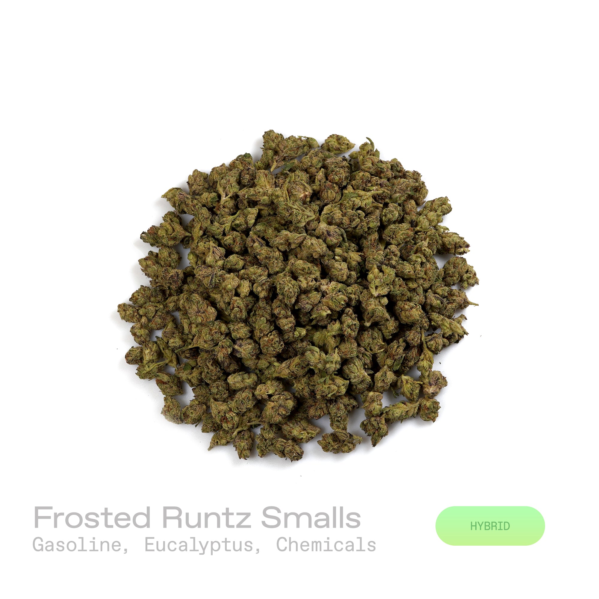 PUFFY Frosted Runtz (smalls) is a balanced hybrid THCa strain,  born from the flavorful cross of Ice Cream Cake × White Runtz. The aroma combines the pungent sharpness of gasoline with refreshing eucalyptus and underlying chemical notes, creating a bold, intense, and distinctive scent. Visually, the buds are compact, showcasing rich emerald greens interlaced with subtle purple and pink hints, while fiery orange pistils weave through a sparkling coat of frosty, crystalline trichomes. Consumers often report a