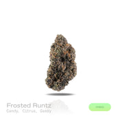 PUFFY Frosted Runtz is a balanced hybrid THCa strain, &nbsp;born from the flavorful cross of Ice Cream Cake × White Runtz. The aroma bursts with sweet, candy-like notes, bright citrusy accents, and a distinct, gassy undertone that adds depth and character. Visually, the buds are compact, showcasing rich emerald greens interlaced with subtle purple and pink hints, while fiery orange pistils weave through a sparkling coat of frosty, crystalline trichomes. Consumers often report a deeply calming sensation that