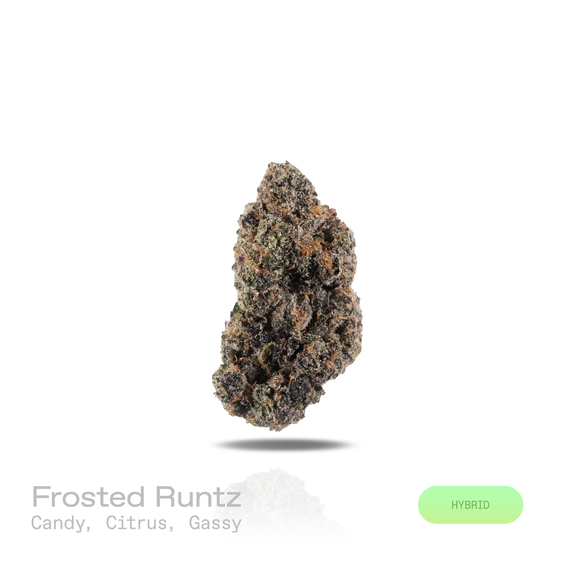 PUFFY Frosted Runtz is a balanced hybrid THCa strain, &nbsp;born from the flavorful cross of Ice Cream Cake × White Runtz. The aroma bursts with sweet, candy-like notes, bright citrusy accents, and a distinct, gassy undertone that adds depth and character. Visually, the buds are compact, showcasing rich emerald greens interlaced with subtle purple and pink hints, while fiery orange pistils weave through a sparkling coat of frosty, crystalline trichomes. Consumers often report a deeply calming sensation that