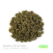 PUFFY Gelato 33 (smalls) is a hybrid THCa  strain, expertly crafted by crossing the legendary Sunset Sherbet and Thin Mint GSC. The aroma is a striking mix of sweet, fruity notes layered with sharp chemical undertones and a cool, invigorating hint of menthol. Visually, the buds are compact and chunky, with dark green to purple hues, vibrant orange pistils, and a frosty trichome coat. Consumers often report fast-acting, uplifting effects that bring mental clarity, elevated mood, stress relief, and a natural 