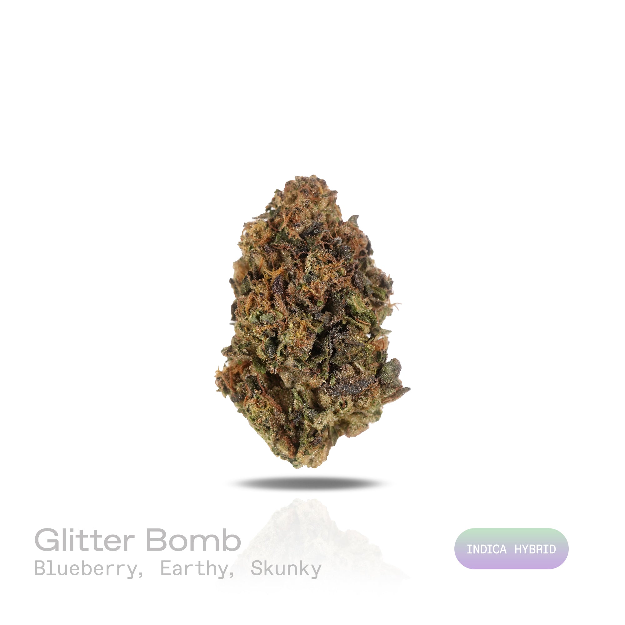 PUFFY Glitter Bomb is an indica-dominant hybrid THCa strain born from the flavorful cross of Grape Gas #10 and OGKB Blueberry Headband. The aroma profile is a rich blend of blueberry, earthy notes, and a skunky finish. Visually, the buds are dense and deep forest green with striking purple hues, bright orange pistils, and a heavy coating of sparkling white trichomes. Consumers report a bright rush of cerebral uplift that gently settles into a soothing, full-body calm, leaving them giggly, focused, and relax