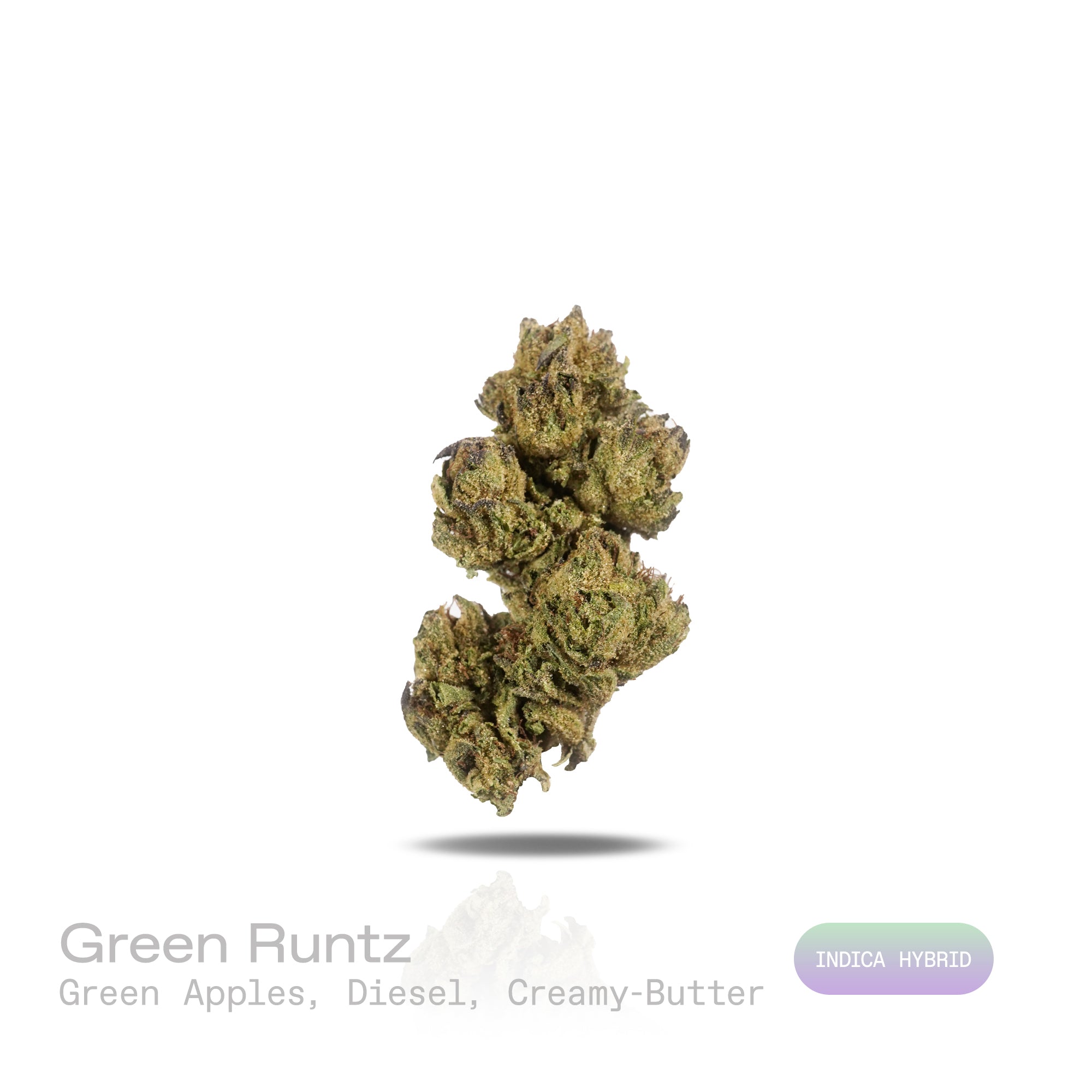 PUFFY Green Runtz is a indica-dominant hybrid THCa strain, originating from the fusion of Green Crack and Runtz. The aroma is a vibrant blend of crisp green apples, pungent diesel, and rich, creamy butter, creating a uniquely sharp yet smooth scent profile. Visually, dense spring green buds with hints of purple are threaded with fiery orange pistils and coated in a sparkling layer of sticky trichomes. Consumers often report a euphoric and uplifting mood boost, accompanied by a stimulating wave of creativity
