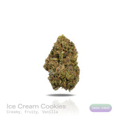 PUFFY Ice Cream Cookies is an indica-dominant hybrid THCa strain, created from the celebrated cross of Gelato 33 and Wedding Cake. The aroma entices the senses with a luscious blend of creamy richness, juicy fruit sweetness, and a smooth vanilla finish. Visually dense and frosty buds, vibrant forest green with deep purple hues and orange pistils, coated in thick white trichomes. Consumers often describe the experience as an uplifting cerebral euphoria that boosts mood and creativity, followed by a deep phys