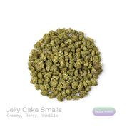 PUFFY Jelly Cake (smalls) is an indica-dominant hybrid THCa strain resulting from a masterful cross between Biscotti and Sunset Sherbet. The aroma is a luscious combination of creamy richness, ripe berries, and velvety vanilla. The buds are dense and chunky with deep green and purple hues, bright orange pistils, and a thick layer of sticky white trichomes. Consumers frequently describe a euphoric mental uplift that slowly transitions into soothing, full-body calm, often leaving them cheerful, mellow, and wi