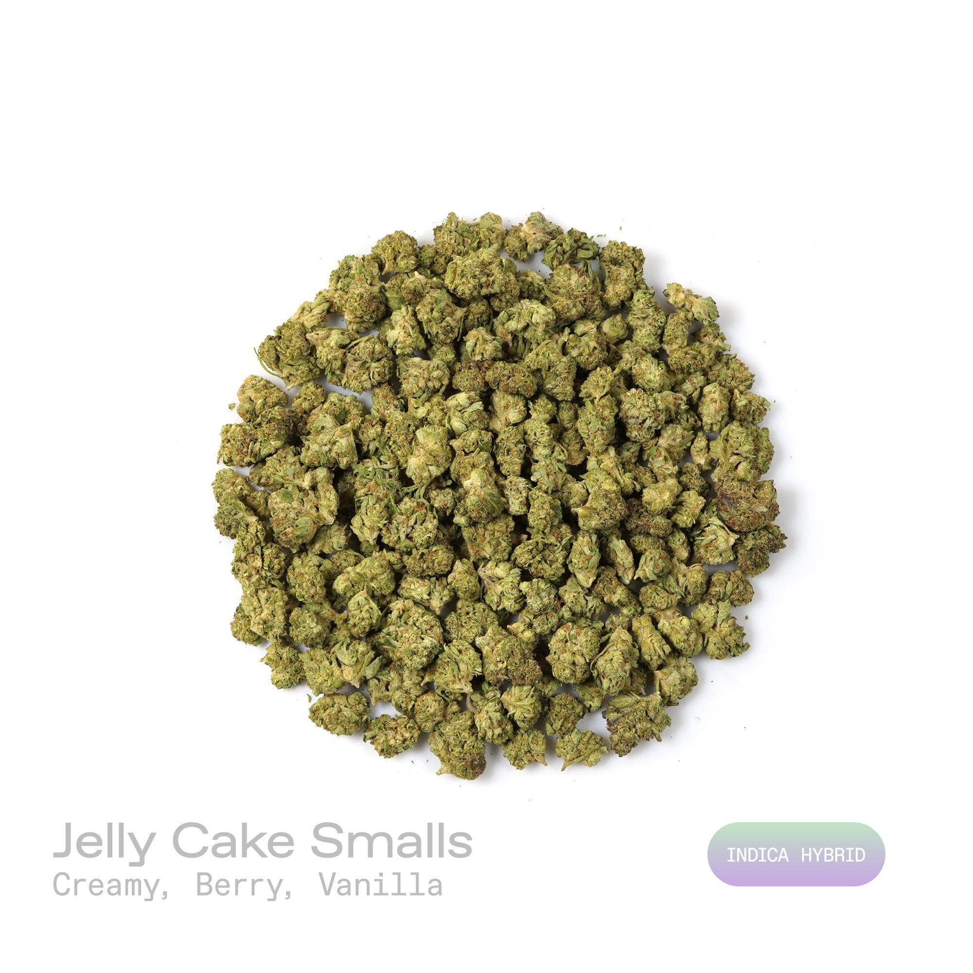 PUFFY Jelly Cake (smalls) is an indica-dominant hybrid THCa strain resulting from a masterful cross between Biscotti and Sunset Sherbet. The aroma is a luscious combination of creamy richness, ripe berries, and velvety vanilla. The buds are dense and chunky with deep green and purple hues, bright orange pistils, and a thick layer of sticky white trichomes. Consumers frequently describe a euphoric mental uplift that slowly transitions into soothing, full-body calm, often leaving them cheerful, mellow, and wi
