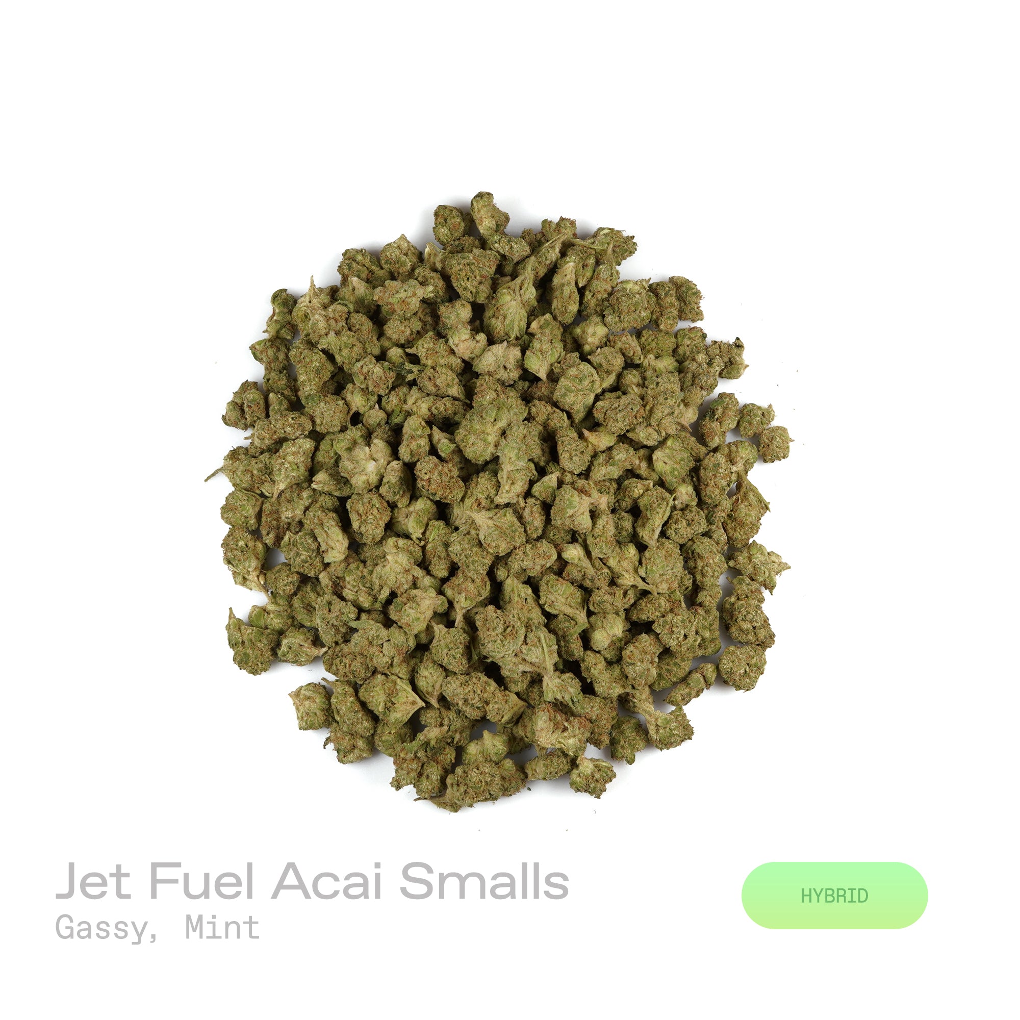 PUFFY Jet Fuel Acai (smalls) is a balanced hybrid THCa strain, born from the renowned cross of Cross of Hi-Octane × Jet Fuel. Aroma is bold and gassy with a refreshing touch of cool mint that lingers on the nose. Visually, dense medium-to-large buds show bright green hues, orange pistils, and a frosty trichome finish. Consumers often report a fast-hitting cerebral lift that sparks energy, focus, creativity, and motivation, followed by a soothing body relaxation.

