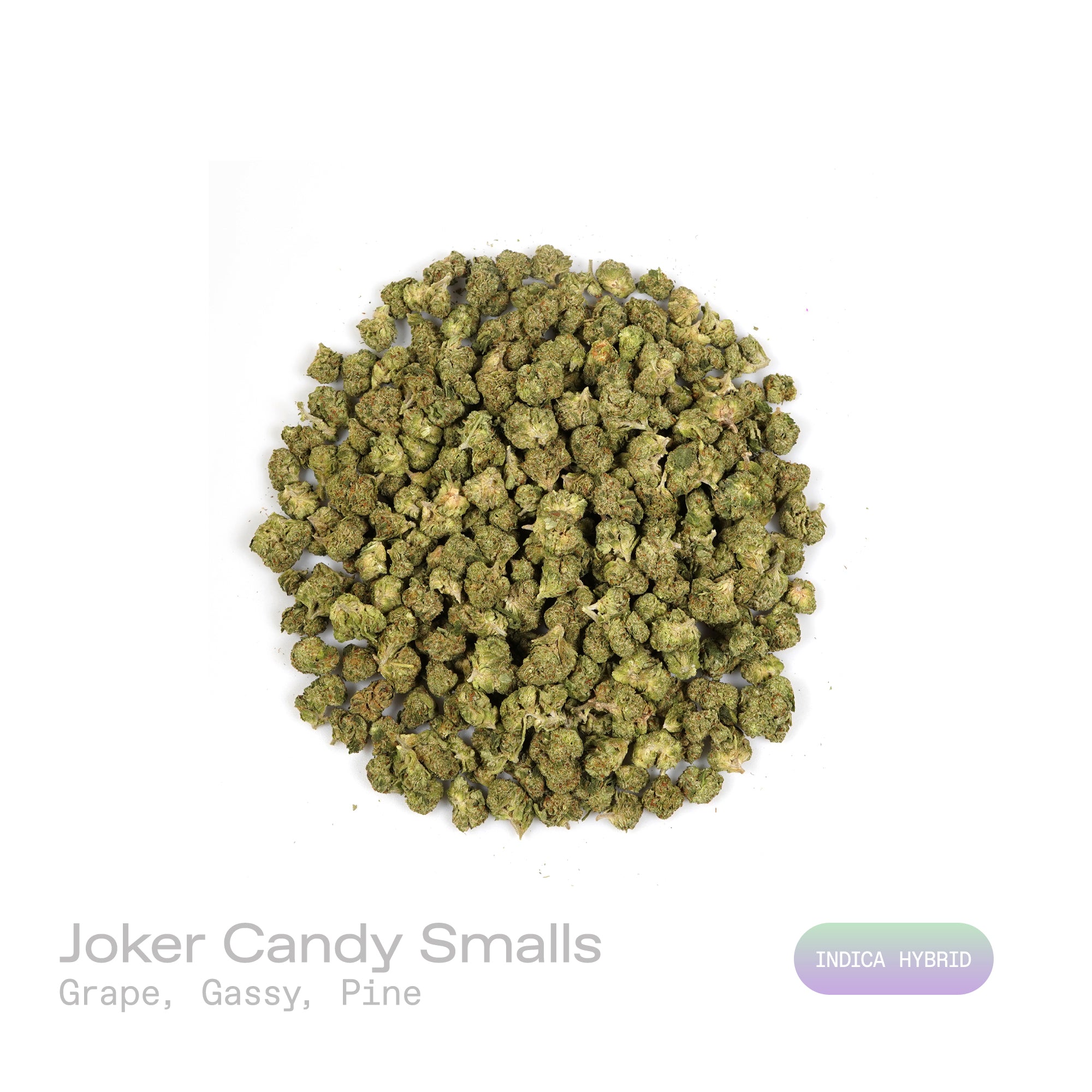 PUFFY Jokerz Candy (smalls) is an indica-dominant hybrid THCa strain, born from the flavorful cross between Gummiez and Grape Gasoline. The aroma bursts with bold grape notes layered over a gassy kick and a fresh, piney finish. Visually, the dense buds display forest-green tones with deep purple hues, vibrant orange pistils, and a frosty trichome coating. Consumers often describe the effects as euphoric and uplifting, promoting happiness and mental clarity, followed by a wave of deep relaxation.