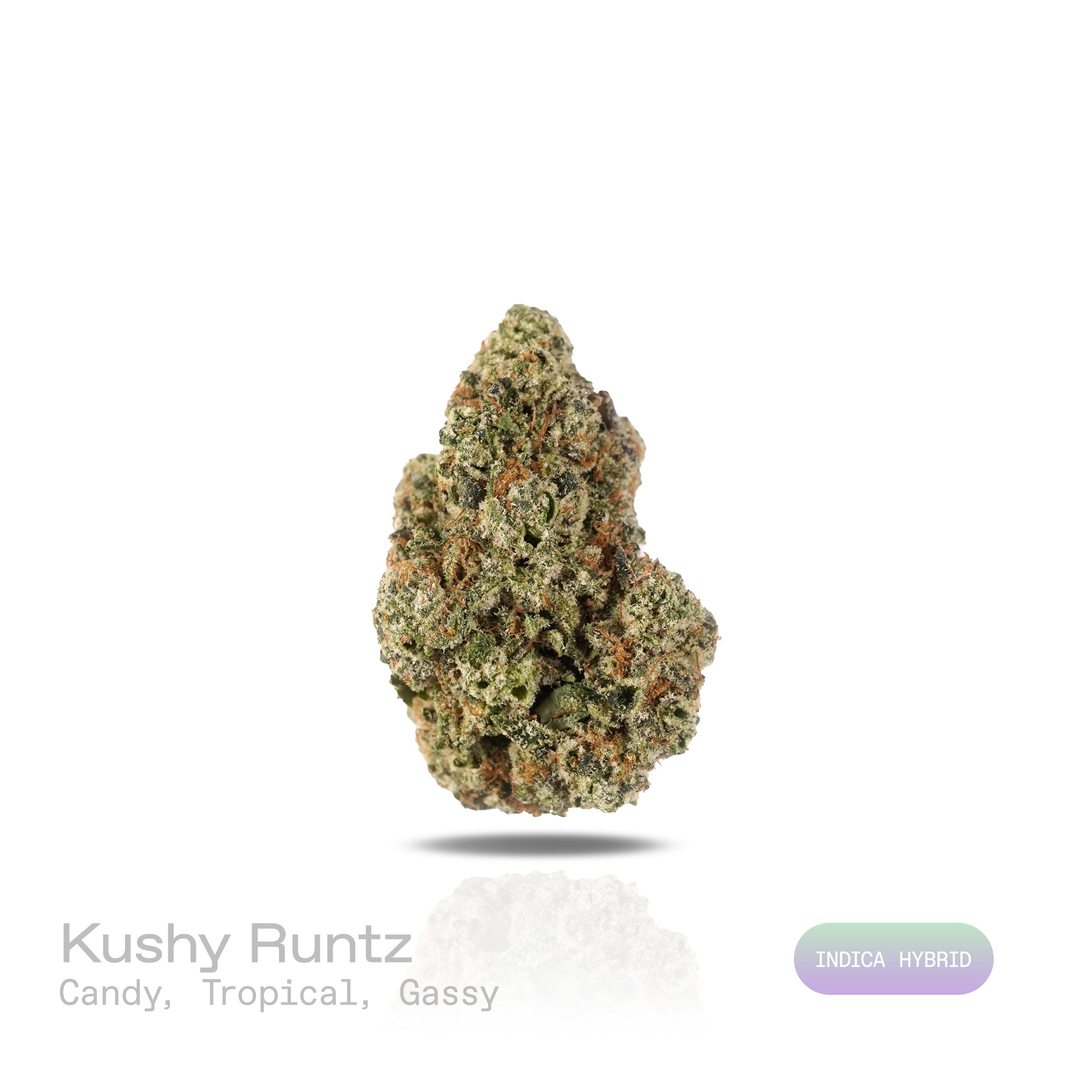 PUFFY Kushy Runtz is an indica-dominant hybrid THCa strain, born from the legendary pairing of Kush and Runtz. The aroma bursts with sweet candy notes, layered with tropical fruitiness and a distinctive gassy undertone. Visually, dense forest green buds with purple hues and fiery orange pistils are coated in sticky trichomes. Consumers often report a relaxing, calming body sensation paired with a happy, uplifted mood, featuring a smooth onset that can lead to deep, soothing relaxation.