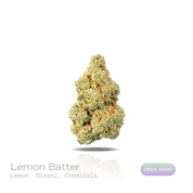 PUFFY Lemon Batter is an indica-dominant hybrid THCa strain, created from the fusion of Banana Punch GMO × Gorilla Diesel. The aroma is a sharp and zesty lemon, layered with pungent diesel notes and subtle chemical undertones, creating a bold, electrifying, and unmistakably intense scent profile. Visually, dense green buds with purple hues and fiery orange pistils are coated in sticky trichomes. Consumers often report that this strain provides a soothing, calming effect on the body while offering a balanced