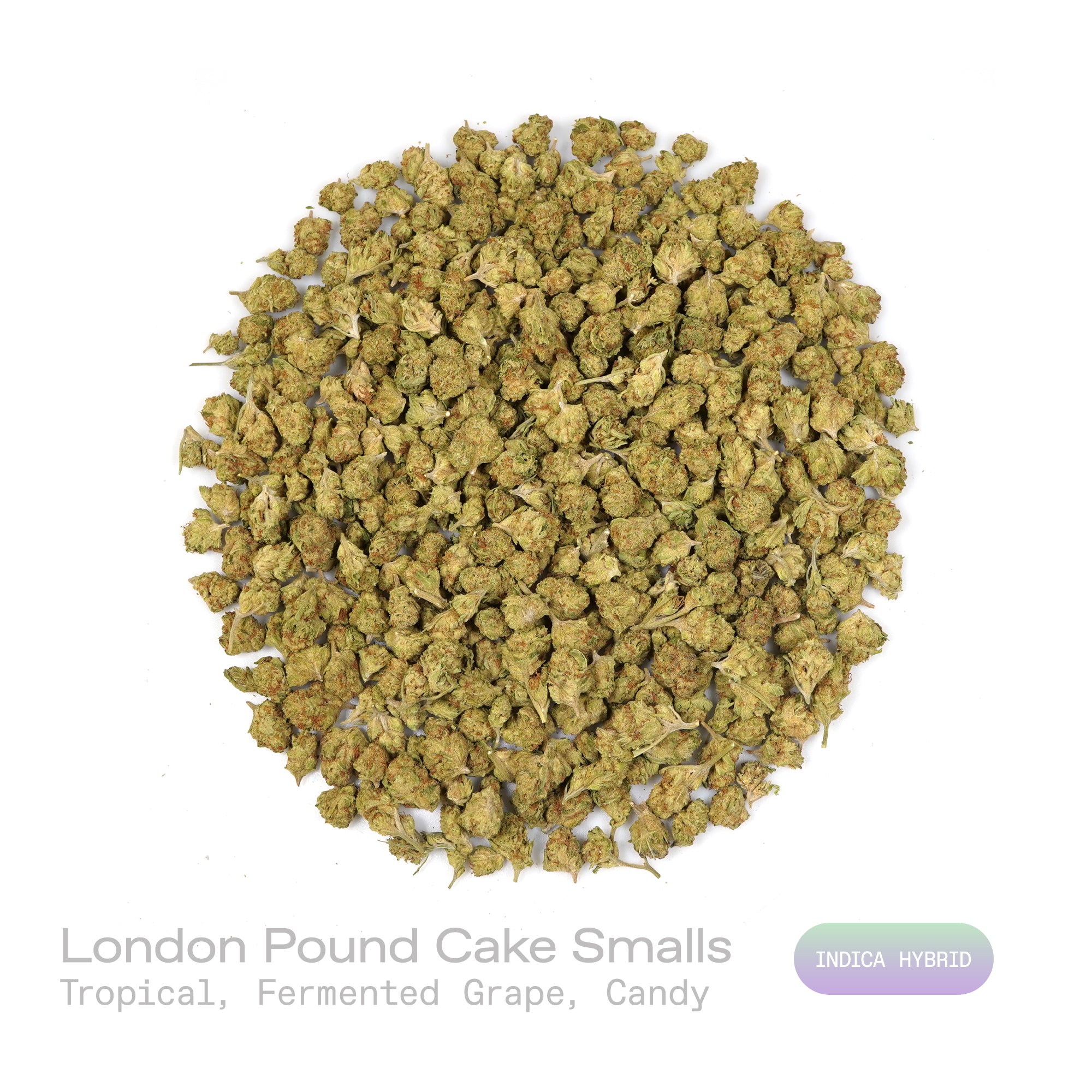 PUFFY London Pound Cake (smalls) is an indica-dominant hybrid THCa strain, created by crossing Sunset Sherbet with a powerful, undisclosed indica. The aroma is tropical and sweet, with notes of fermented grape and candy that create a lively, indulgent scent. Visually, the strain showcases dense, spade-shaped olive green buds with bright orange pistils and a thick, frosty layer of trichomes. Consumers often report a soothing sense of mental clarity and calm focus that gently transitions into deep, full-body 