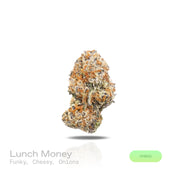 PUFFY Lunch Money is a balanced hybrid THCa strain, created from the fusion of Money Gun and Grape Pie BX. The aroma is funky, with sharp notes of cheese and a hint of savory onions. Visually, dense deep green buds with purple hues and fiery orange pistils are coated in sticky trichomes. Consumers often report an uplifted mood and euphoria, accompanied by a balanced cerebral buzz, relaxed body sensation, and mellow focus.