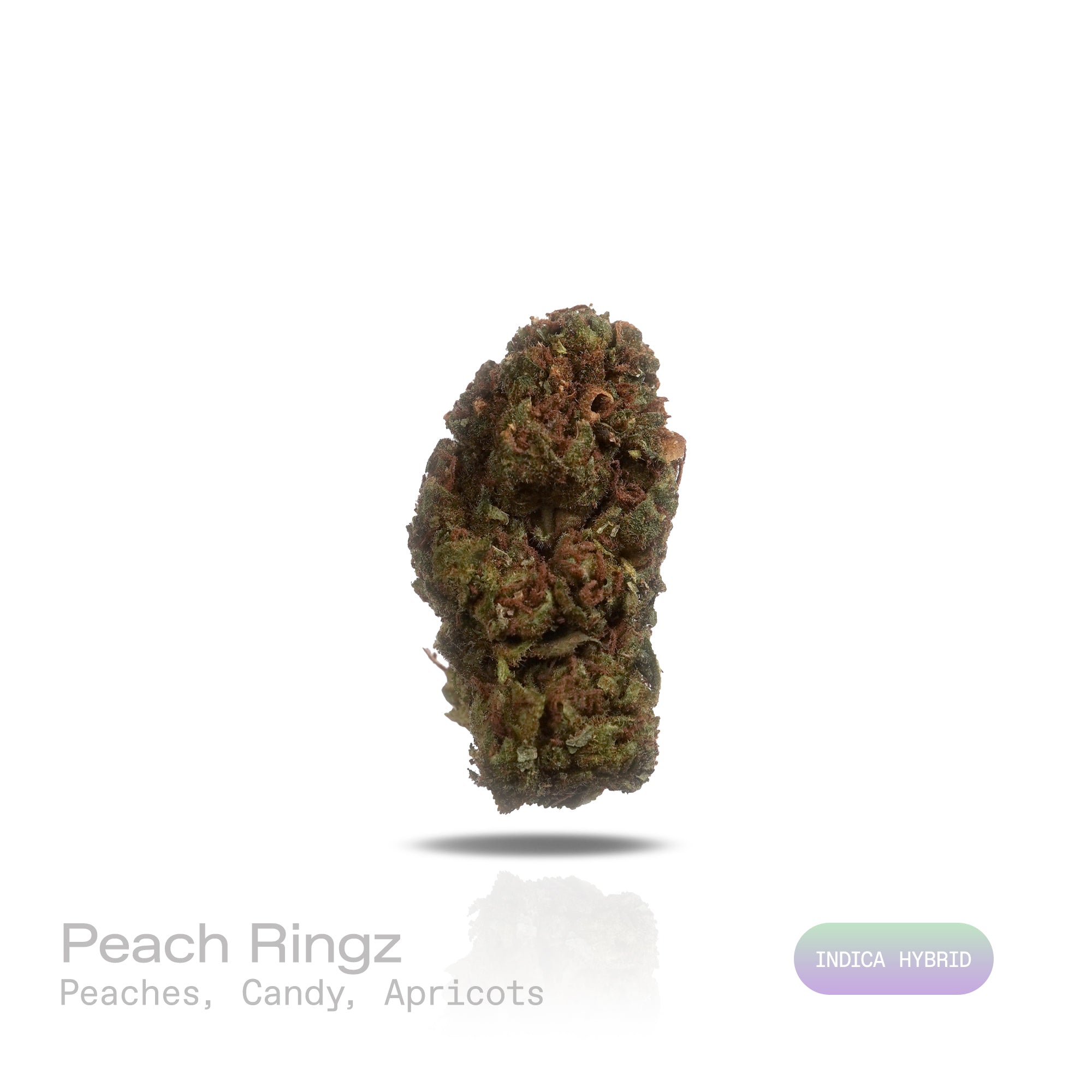 PUFFY Peach Ringz is an indica-dominant hybrid THCa strain born from the flavorful cross of Marionberry and Eddy OG. The aroma is a delightful blend of sweet, juicy peaches, subtle candied sugar, and the soft, sun-ripened essence of apricots. Visually, the buds are bushy and densely packed, covered in glistening trichomes with minty  green tones and dark olive undertones. Consumers frequently describe this strain as offering a harmonious experience, starting with a light, uplifting mental clarity that brigh