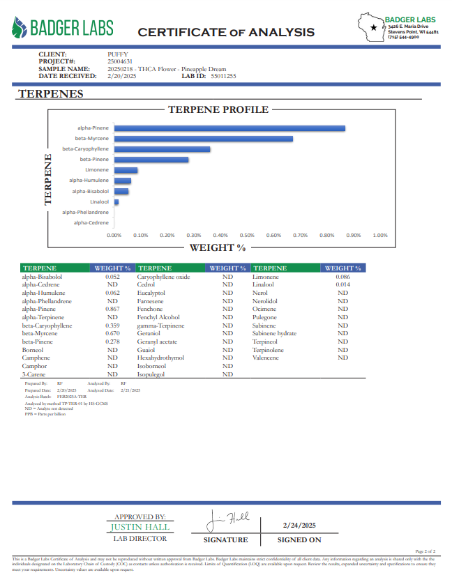 PUFFY Pineapple Dream is a balanced THCa hybrid, born from the flavorful fusion of Blue Dream and Pineapple. Dominated by the myrcene terpene, this strain delivers a sweet, fruity pineapple flavor, complemented by an earthy berry exhale and a subtle hint of vanilla. Its enticing aroma mirrors its taste, blending spicy, earthy blueberry notes with tropical fruit undertones. Consumers describe the effects as uplifting and social, sparking creativity, conversation, and a sense of happiness—making it a great ch