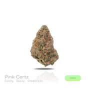 PUFFY Pink Certz is a balanced hybrid THCa strain, created from the potent pairing of The Menthol and Grape Gasoline. The aroma is a bold blend of sweet candy notes, sharp gassy undertones, and pungent chemical hints, creating a striking and memorable scent profile. Visually, dense frosty buds glow neon green with golden hints and pink-orange hairs, coated in sparkling, gem-like trichomes. Consumers often experience an uplifting, clear-headed euphoria that sparks creativity and focus, followed by gentle bod
