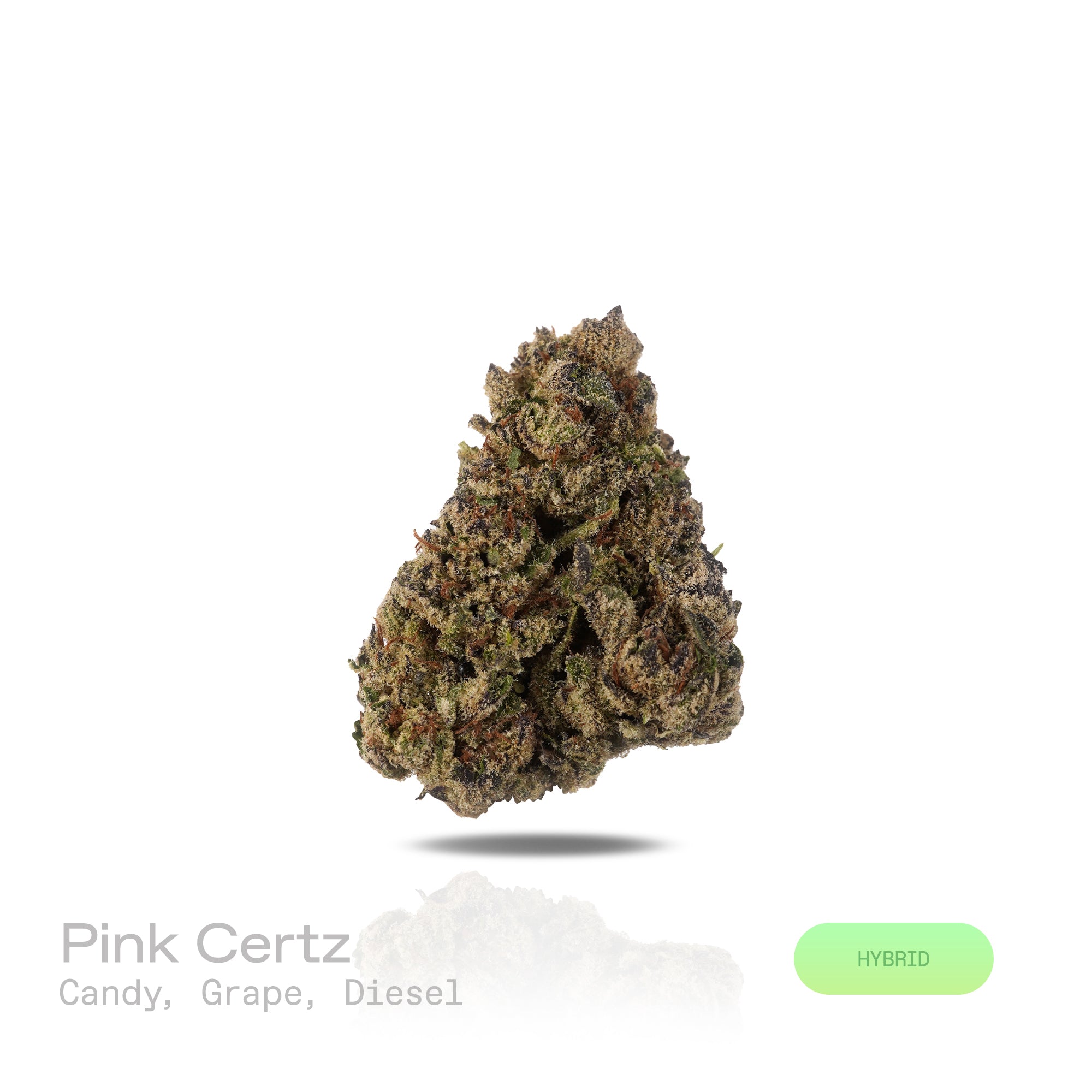 PUFFY Pink Certz is a balanced hybrid THCa strain, created from the potent pairing of The Menthol and Grape Gasoline. The aroma combines sweet, candy-like notes with hints of juicy grape, layered over a sharp, earthy diesel scent. Visually, dense frosty buds glow neon green with golden hints and pink-orange hairs, coated in sparkling, gem-like trichomes. Consumers often experience an uplifting, clear-headed euphoria that sparks creativity and focus, followed by gentle body relaxation, making it ideal for mo