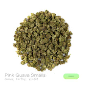 PUFFY Pink Guava (smalls) is a balanced hybrid THCa strain, created by crossing Nepali Pink and Guava. The aroma is a captivating blend of juicy guava, earthy undertones, and delicate hints of violet, creating a rich and intriguing fragrance that is both fruity and floral with a grounding depth. Visually, dense pine green buds with purple hues and fiery orange pistils are coated in sticky trichomes. Consumers often report experiencing euphoria, happiness, relaxation, and enhanced focus, enjoying a balanced 