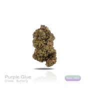 PUFFY Purple Glue is an indica-dominant hybrid THCa strain, crafted from the legendary cross of Purple Kush and Gorilla Glue #4 (GG4). The aroma is rich and inviting, combining smooth creamy notes with a warm, buttery finish for a decadent profile. Visually, the buds are dense and resinous with green and purple tones, bright orange pistils, and a frosty trichome finish. Consumers describe a high that opens with a burst of euphoria and mental lift before melting into a soothing full-body calm, making it a fa