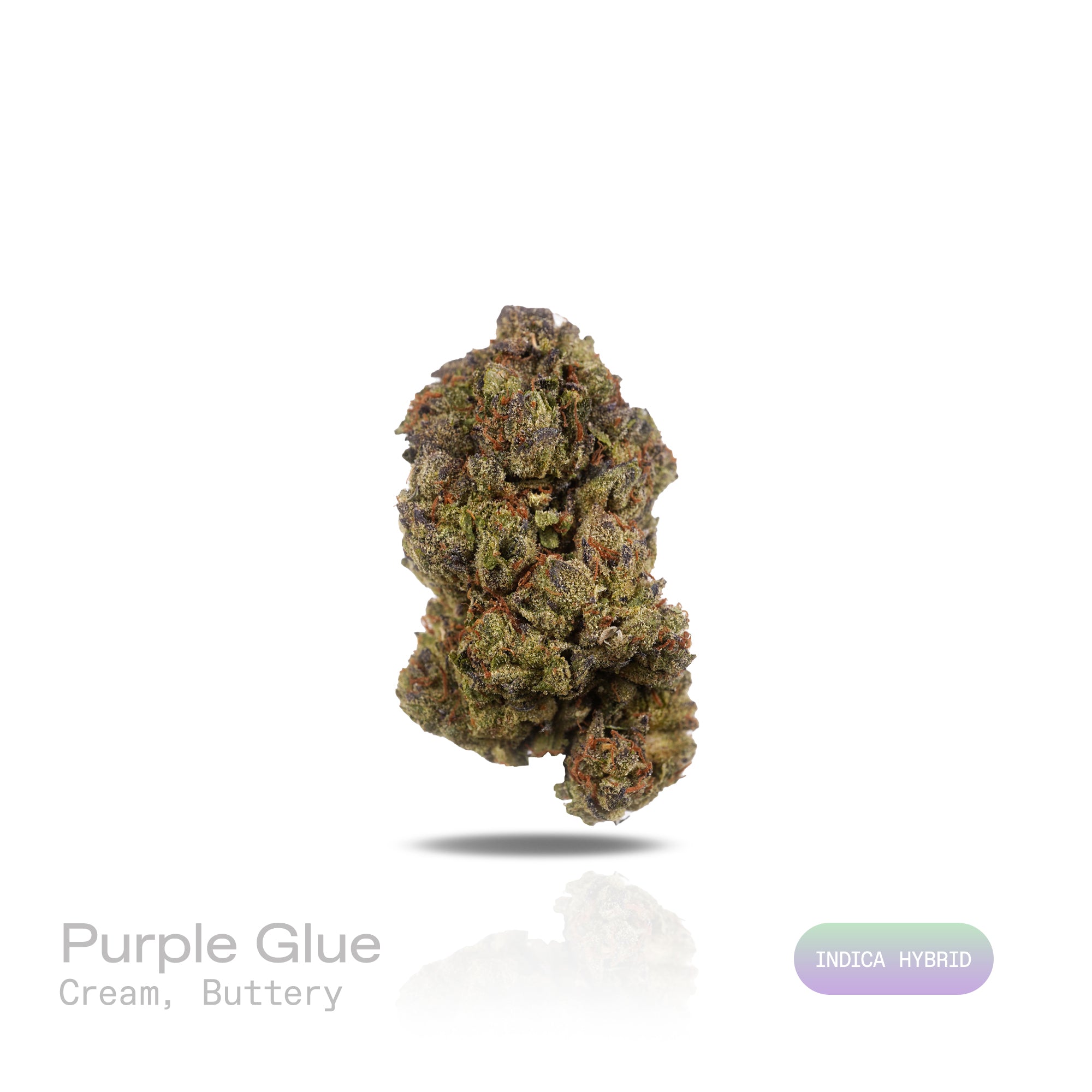 PUFFY Purple Glue is an indica-dominant hybrid THCa strain, crafted from the legendary cross of Purple Kush and Gorilla Glue #4 (GG4). The aroma is rich and inviting, combining smooth creamy notes with a warm, buttery finish for a decadent profile. Visually, the buds are dense and resinous with green and purple tones, bright orange pistils, and a frosty trichome finish. Consumers describe a high that opens with a burst of euphoria and mental lift before melting into a soothing full-body calm, making it a fa