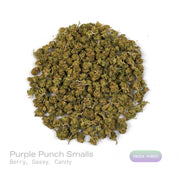 PUFFY Purple Punch (smalls) is a popular indica-dominant hybrid THCa strain, born from the legendary pairing of Granddaddy Purple and Larry OG. The aroma bursts with sweet berry notes, layered with a gassy undertone and a playful hint of candy, creating a lively and inviting scent experience. Visually, the buds are thick and tightly packed, with a lush green backdrop streaked by vivid purples and violets, intertwined with fiery orange pistils and finished with a shimmering coat of crystalline trichomes. Con