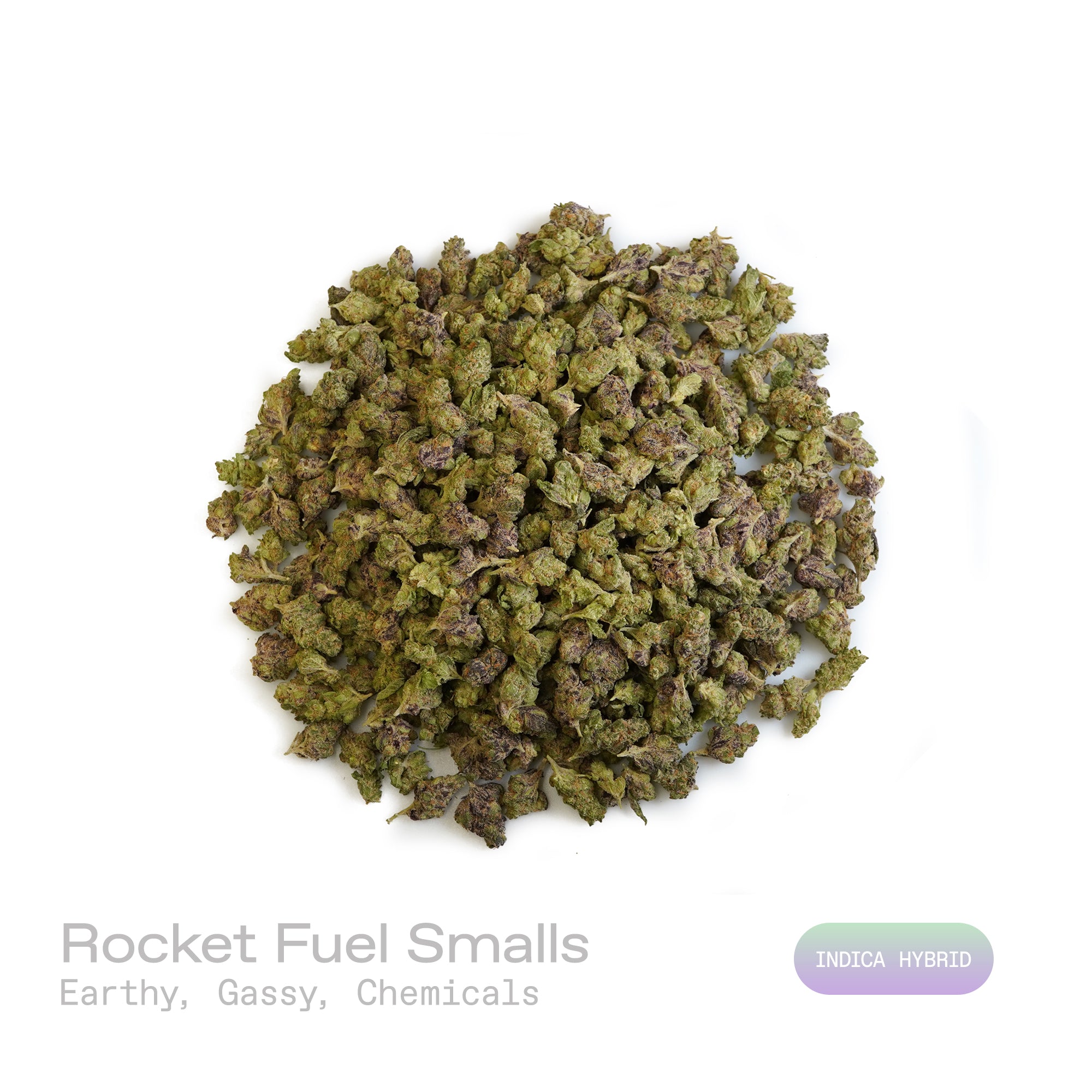 PUFFY Rocket Fuel Smalls is an indica-dominant THCa strain, bred from a powerhouse cross of Jet Fuel OG and Face Off OG BX1. The aroma profile is distinctly earthy and gassy, with strong chemical undertones that amplify its pungency and depth. Visually, the buds are dense and compact, with a rich forest green base accented by subtle purple hues, vibrant orange pistils, and a thick layer of sparkling white crystalline trichomes. Consumers frequently describe experiencing a euphoric boost, uplifting energy, e