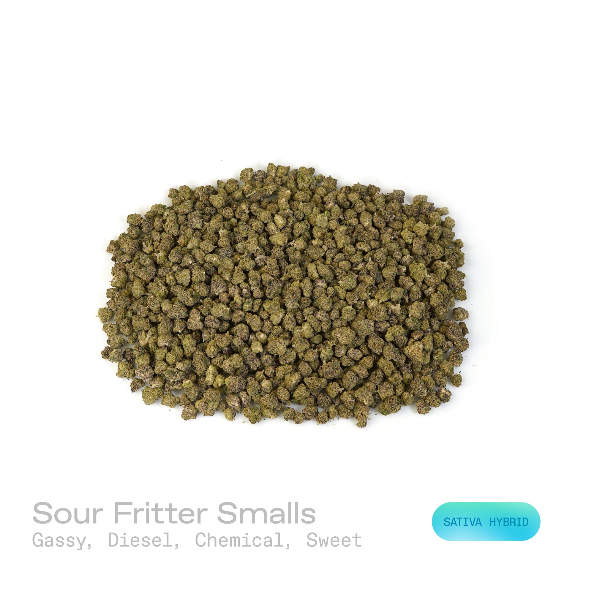 PUFFY Sour Fritter (smalls) is a sativa-dominant THCa strain born from the flavorful union of Apple Fritter and Sour Diesel. The aroma is a bold fusion of gassy diesel notes layered with a sharp chemical edge, rounded out by an underlying sweet finish. Visually, the buds are dense and compact, showcasing deep forest greens with flashes of royal purple and silver, accented by fiery orange pistils and blanketed in a sparkling frost of glistening trichomes. Consumers often report its effects as a bright, mind-