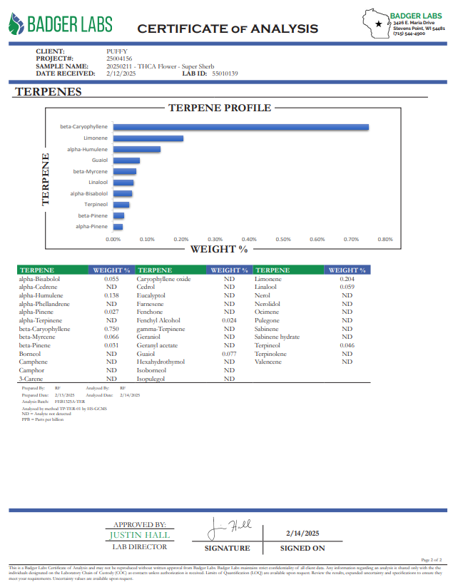 PUFFY Super Sherb also known as Super Sherb #4 and Super Sherbert, is a delightful hybrid THCa strain celebrated for its rich flavors and potent effects. This strain boasts a sweet and creamy citrus profile, layered with hints of fresh berries and ripe cherries. Its aroma mirrors its taste, featuring a tangy, creamy citrus overtone, complemented by fruity cherry notes and a touch of spicy nuttiness. Visually, Super Sherb is a stunner, with small, spade-shaped neon green buds, deep purple-tinged leaves, thic