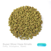 PUFFY Super Silver Haze (smalls) is a sativa-dominant hybrid THCa strain, expertly crafted from a flavorful and legendary three-way cross of Skunk #1, Northern Lights, and Haze. The aroma is a bold blend of funky, refreshing eucalyptus, and sharp diesel notes that immediately capture the senses. Visually, the buds are spade-shaped with a bright lime green hue, accented by fiery orange pistils and coated in a dense layer of silvery-white trichomes. Consumers often describe feeling a surge of energy, heighten