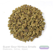 PUFFY Super Sour Nimbus (smalls) is an indica-dominant  hybrid THCa strain, expertly crafted from a potent cross between Super Silver Haze and Sour Diesel. The aroma is a bold fusion of sharp chemicals, zesty citrus, and pungent diesel, creating a striking and unforgettable scent profile. Visually, the buds are dense, featuring green and purple hues, vibrant orange pistils, and a sparkling layer of trichomes. Consumers often report a euphoric, relaxed body high accompanied by improved mood, a sense of happi