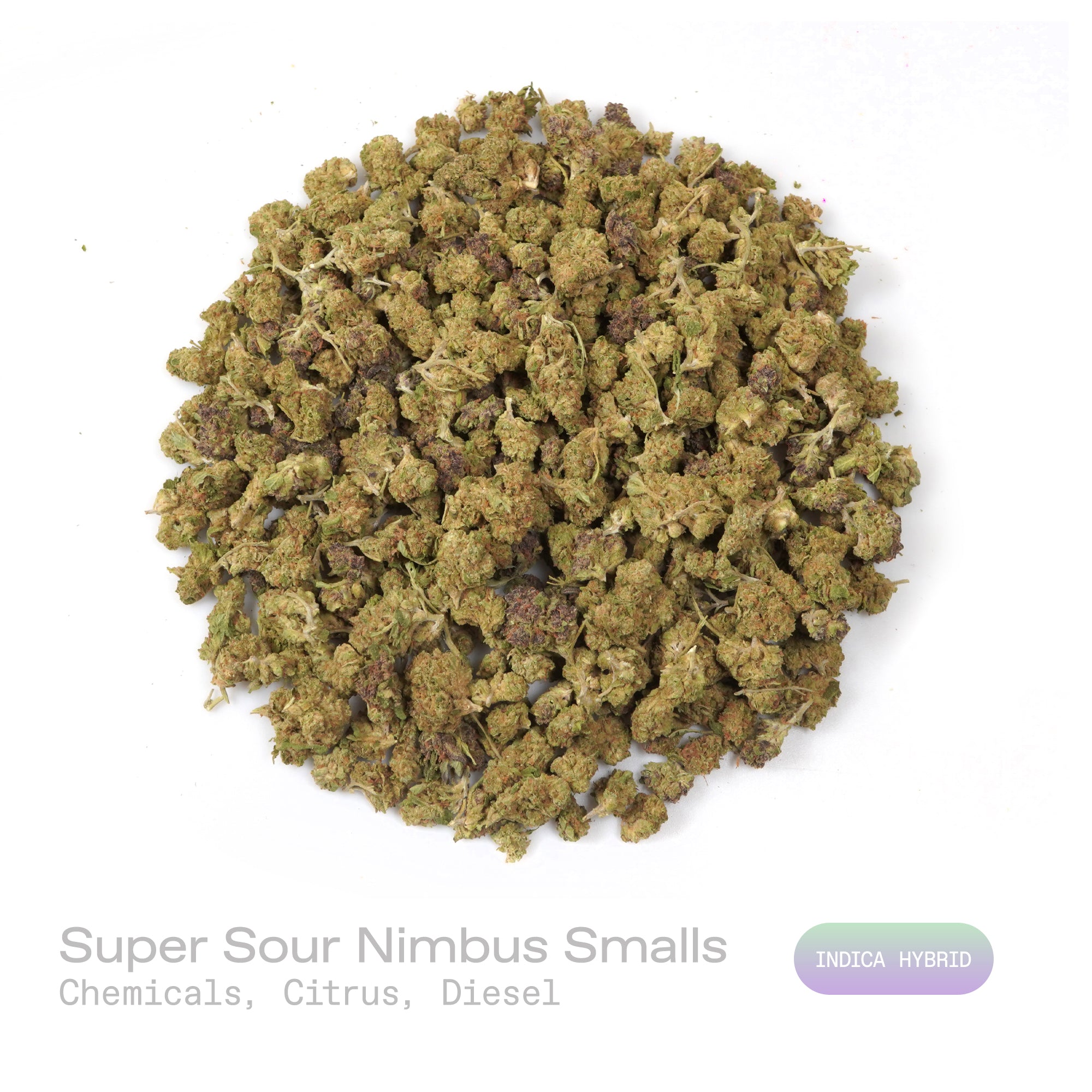 PUFFY Super Sour Nimbus (smalls) is an indica-dominant  hybrid THCa strain, expertly crafted from a potent cross between Super Silver Haze and Sour Diesel. The aroma is a bold fusion of sharp chemicals, zesty citrus, and pungent diesel, creating a striking and unforgettable scent profile. Visually, the buds are dense, featuring green and purple hues, vibrant orange pistils, and a sparkling layer of trichomes. Consumers often report a euphoric, relaxed body high accompanied by improved mood, a sense of happi