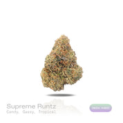 PUFFY Supreme Runtz is an indica-dominant hybrid THCa strain, crafted from the powerhouse fusion of (Gucci × Blue Dream × Gorilla Glue) and Forbidden Runtz. The aroma bursts forward with sweet candy notes layered over a bold gassy undertone, rounded out by a vibrant tropical finish that adds a bright, fruity twist. Visually, dense dark green buds with purple hues and fiery orange pistils are coated in sticky trichomes. Consumers often report euphoric, uplifting effects that ease into soothing physical relax