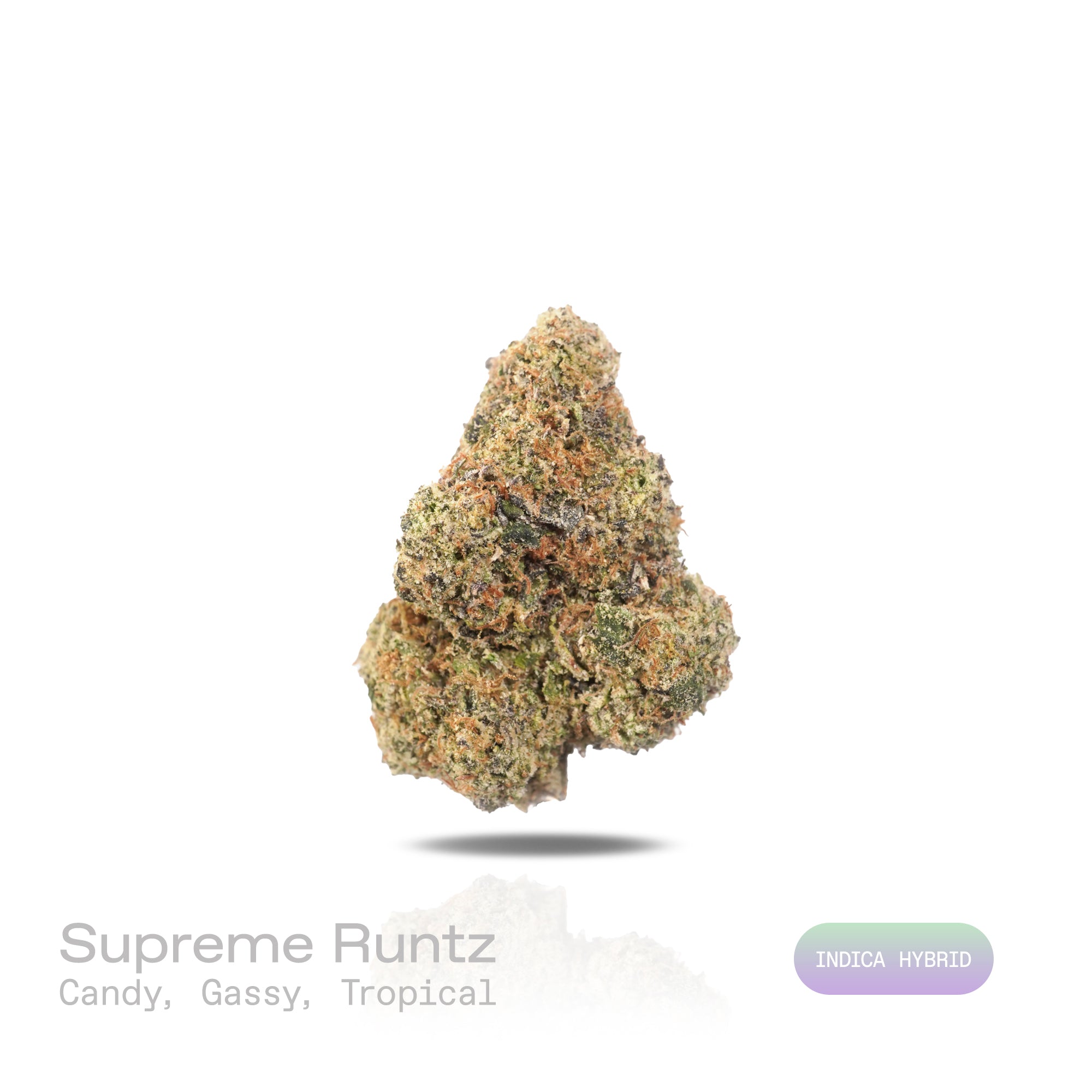 PUFFY Supreme Runtz is an indica-dominant hybrid THCa strain, crafted from the powerhouse fusion of (Gucci × Blue Dream × Gorilla Glue) and Forbidden Runtz. The aroma bursts forward with sweet candy notes layered over a bold gassy undertone, rounded out by a vibrant tropical finish that adds a bright, fruity twist. Visually, dense dark green buds with purple hues and fiery orange pistils are coated in sticky trichomes. Consumers often report euphoric, uplifting effects that ease into soothing physical relax