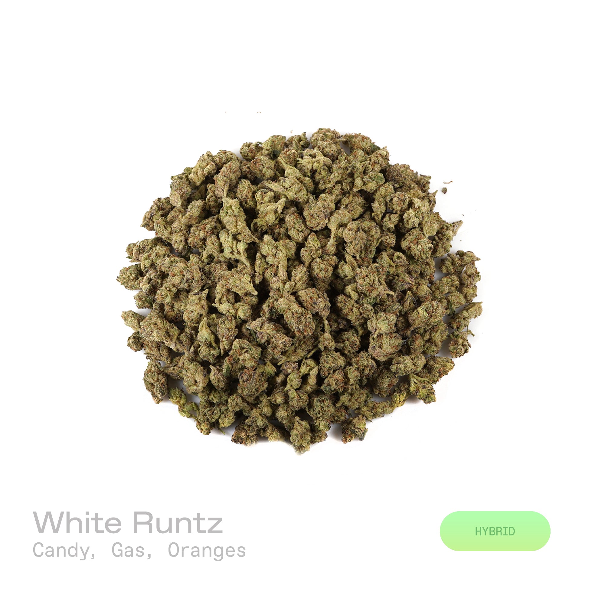 PUFFY White Runtz (smalls) is a balanced hybrid THCa strain, created from a cross between Gelato and ZKZ. The aroma bursts with sweet candy notes blended with zesty oranges and a bold hint of gas. Visually, the buds are dense and frosty, showcasing vibrant green hues with occasional purple accents, all coated in a thick layer of white trichomes. Consumers frequently describe experiencing a euphoric and uplifting sensation, accompanied by an improved mood and a gentle, soothing sense of relaxation.
